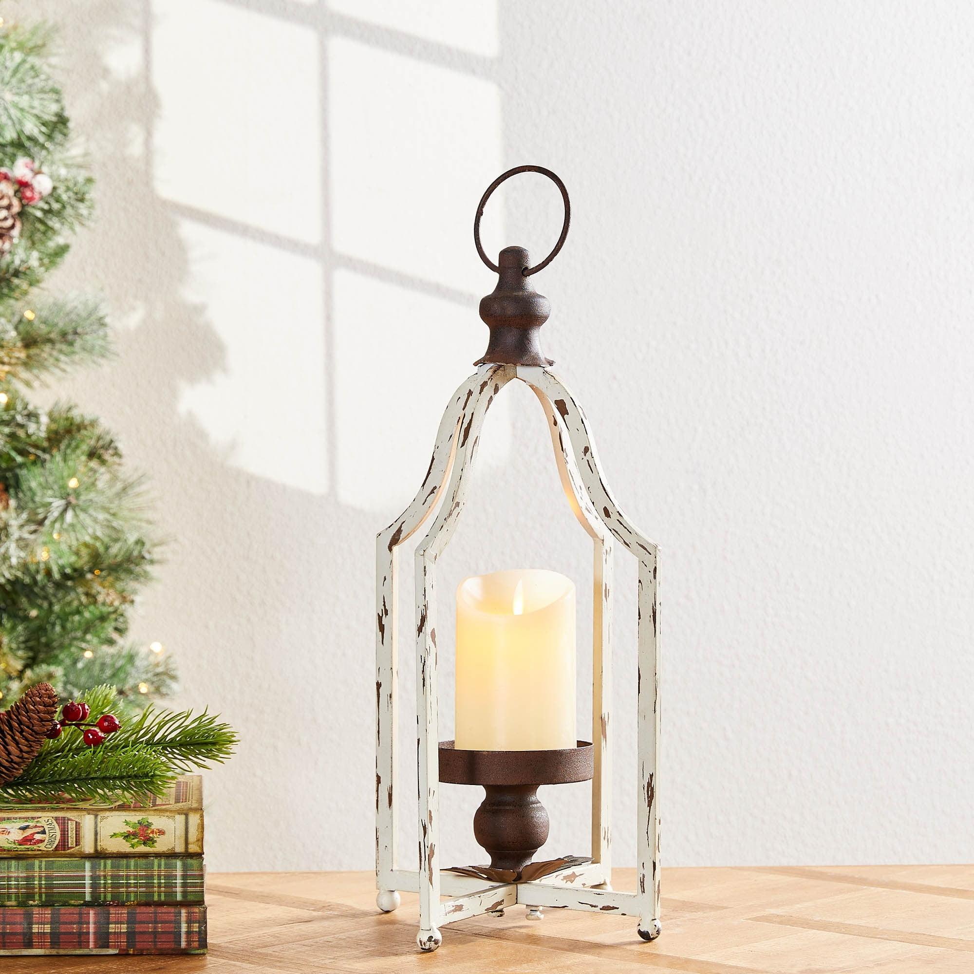Winter Charm 16.5" White Wood Tabletop Candle Lantern