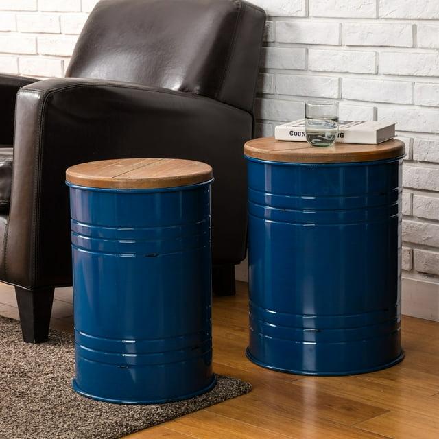 Glitzhome  Industrial Farmhouse Round Storage Side Tables (Set of 2) Solid Navy Blue Seating, Hidden Storage Side Tables