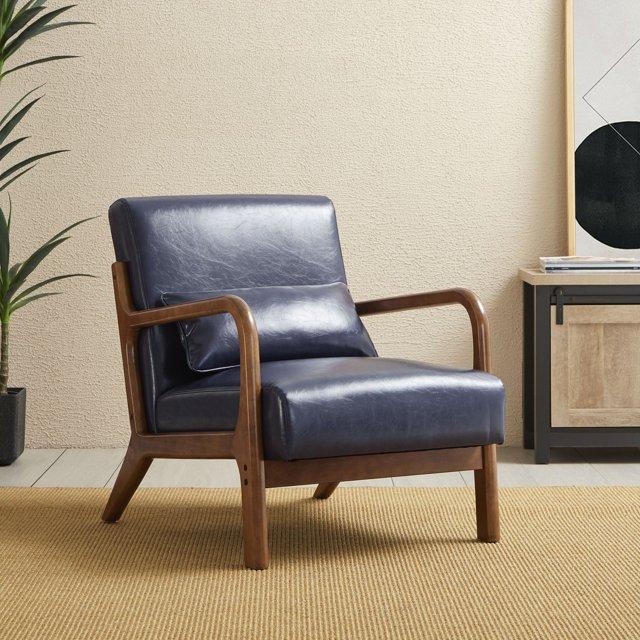 Mid-Century Modern Leatherette Arm Accent Chair Walnut Rubberwood Frame Navy Blue - Glitzhome: PU Upholstery, Tapered Legs, Office/Home Use