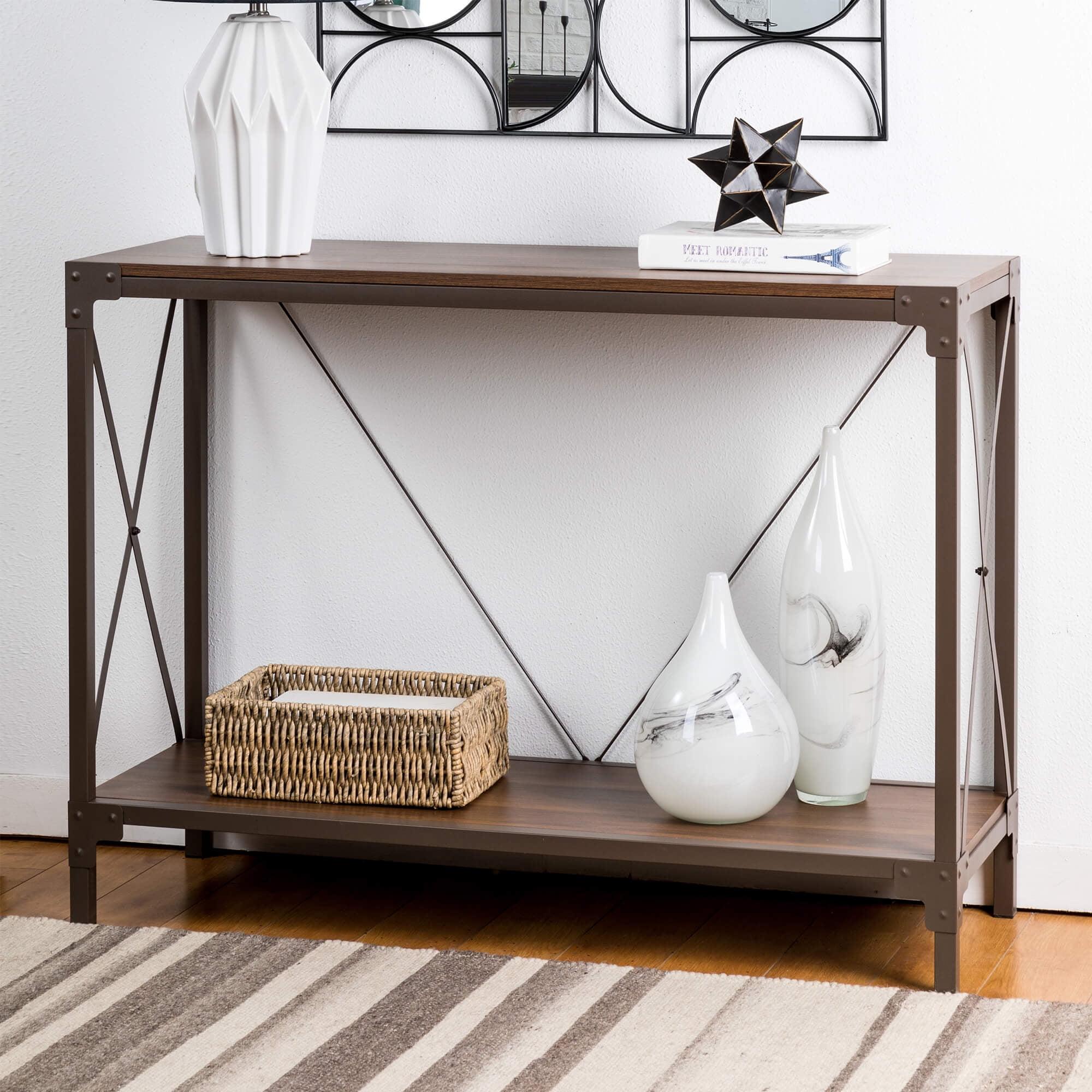 Walnut Melamine & Metal Console Table with Open Shelf Storage