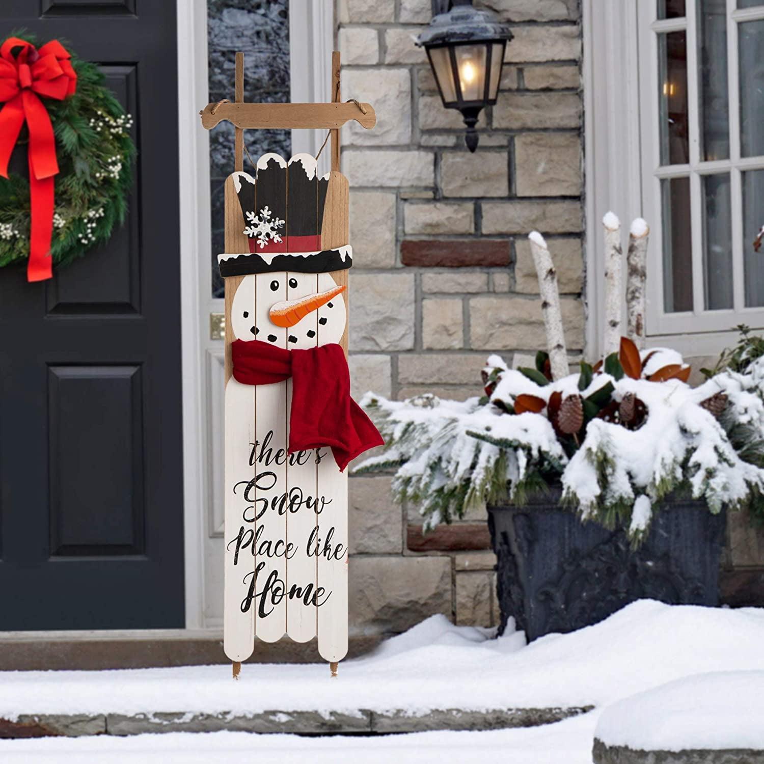 Glitzhome Wooden Welcome Sign for Front Door Porch Farmhouse Christmas Wall Hanging Snowman Sign Primitive Porch Sign for Christmas Festivals, 42”H