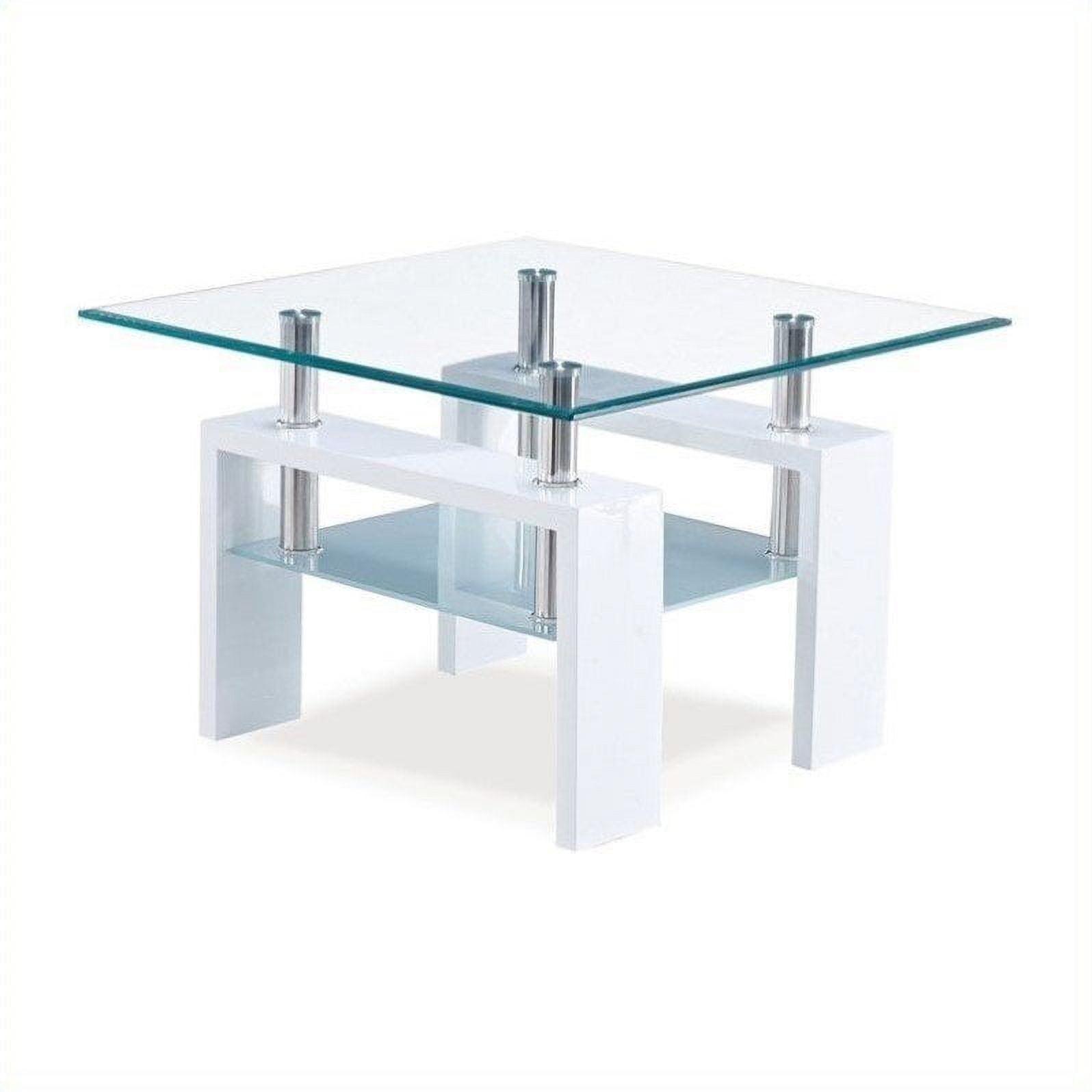 Glossy White and Frosted Glass Modern End Table with Shelf