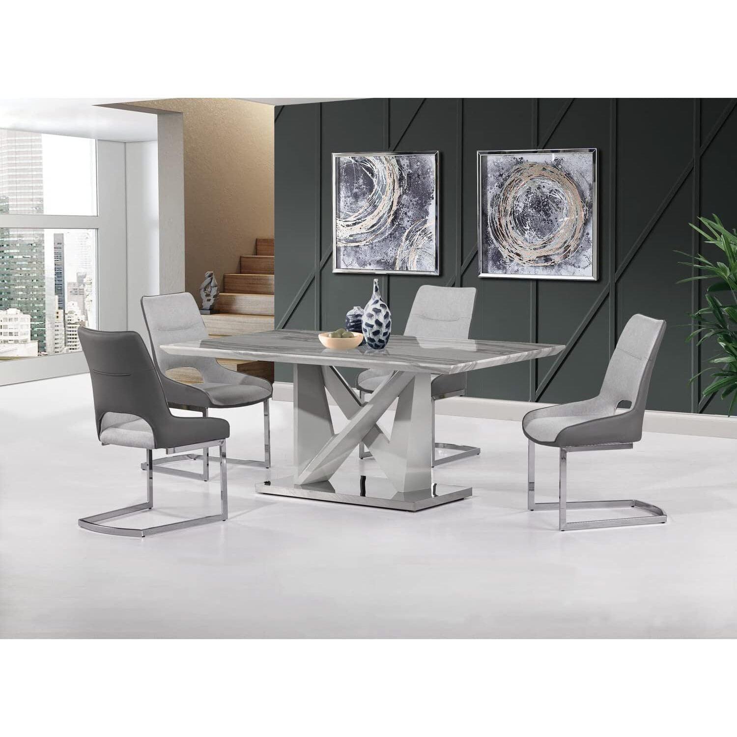 Contemporary Quad-Pod Marble and Wood Dining Table