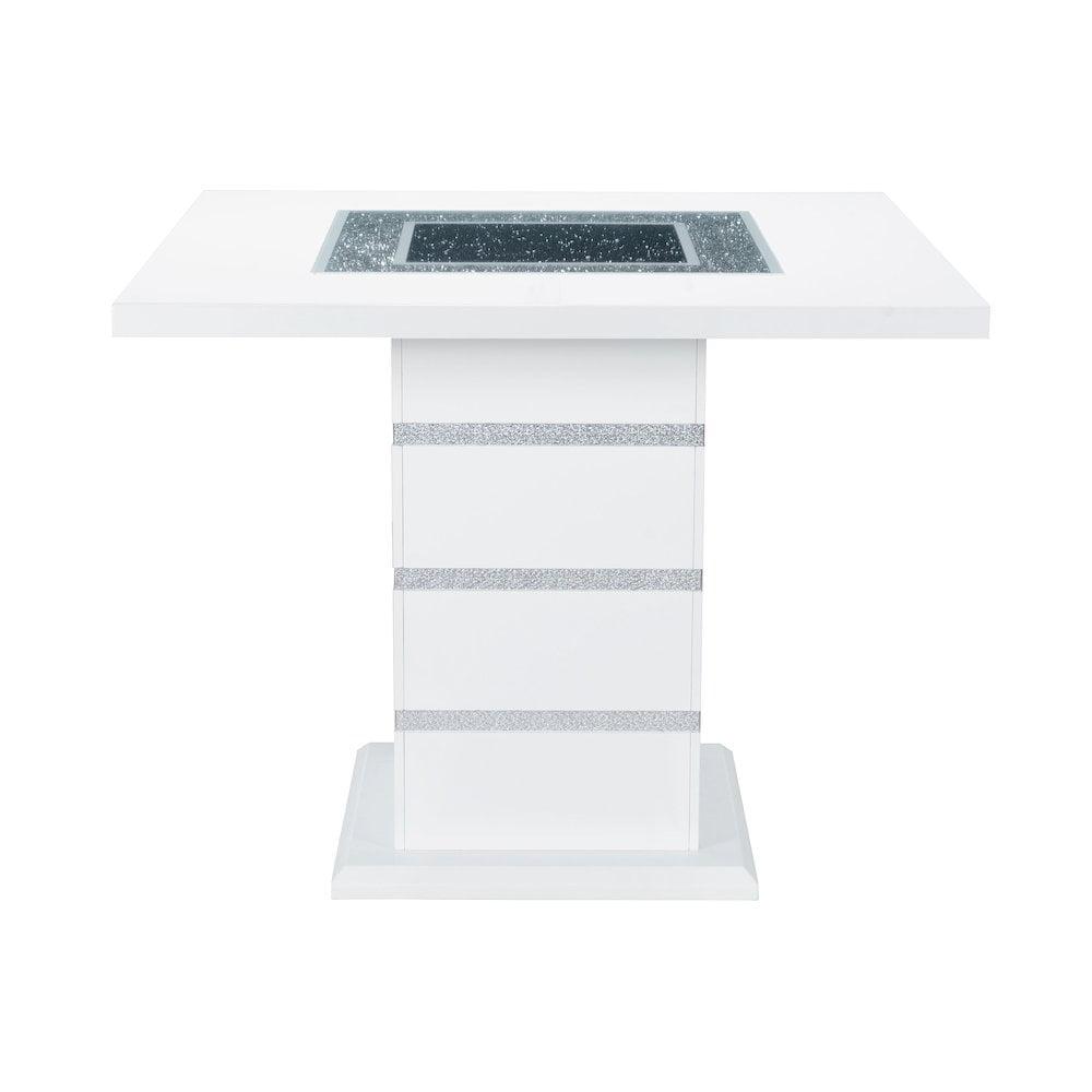 White and Silver Counter Height Bar Table with Glass Inlay