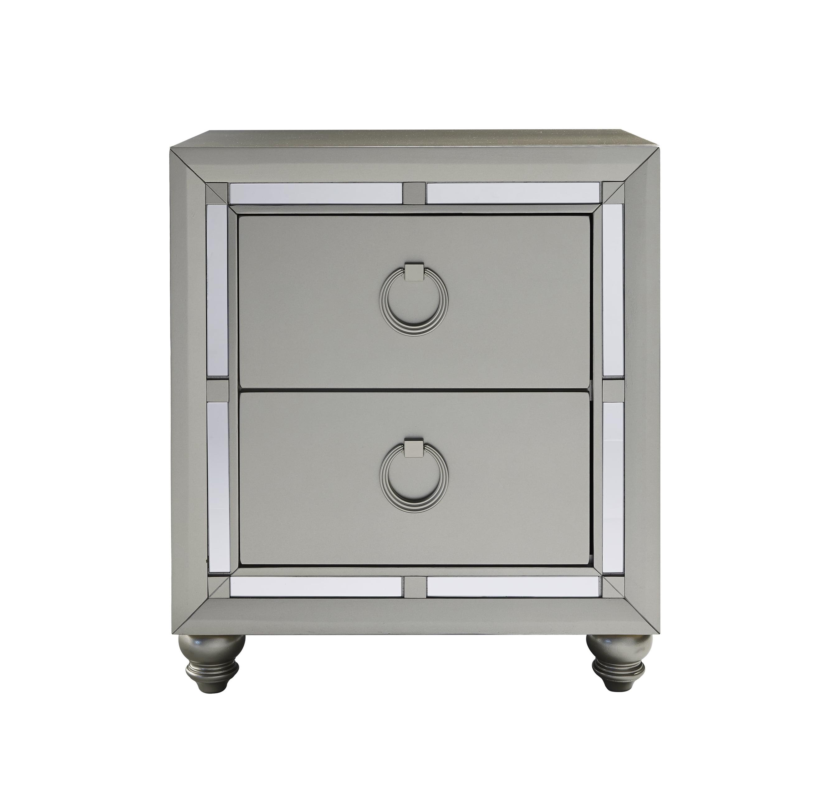 Silver Mirrored 2-Drawer Nightstand with Ring Pulls