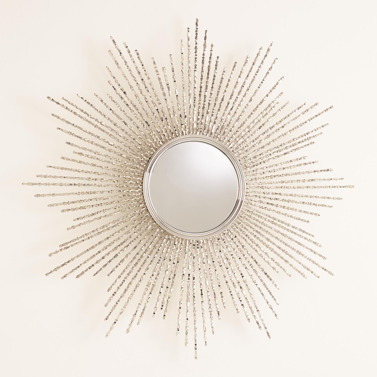 Large Round Nickel Sunburst Mirror with Square Beads