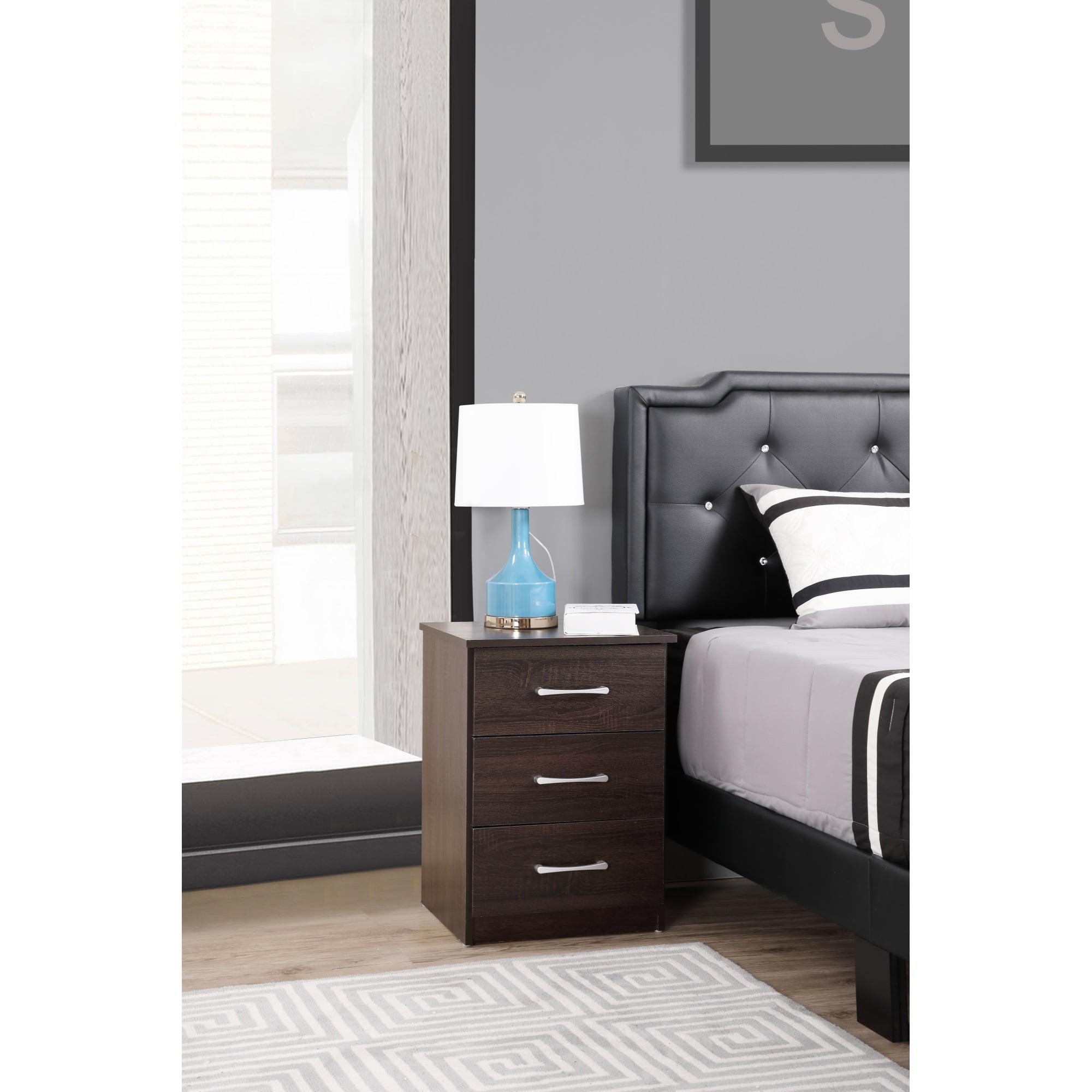 Modern Walnut 3-Drawer Nightstand with Satin Nickel Hardware