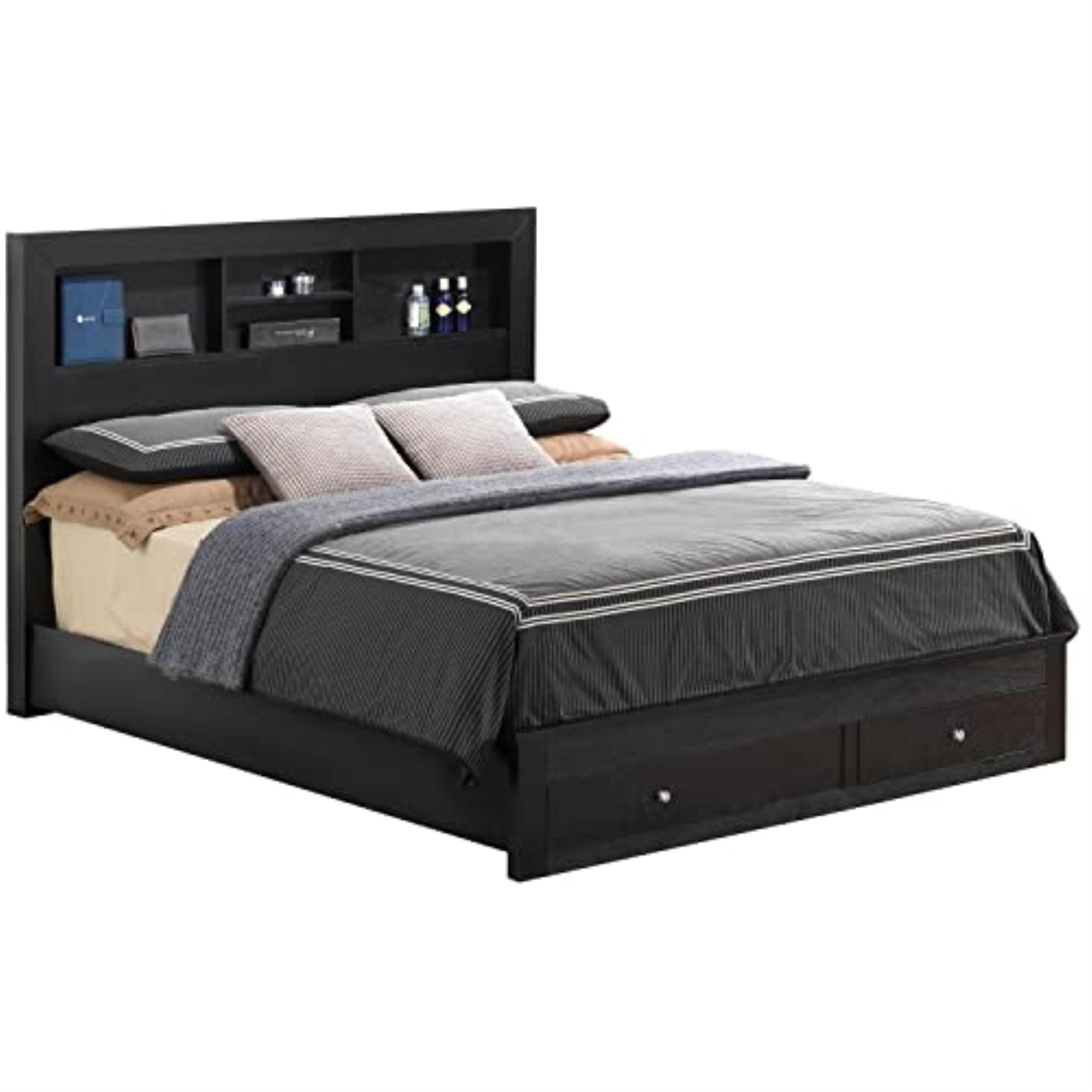 Black Upholstered Queen Wood Frame Storage Bed with Drawers