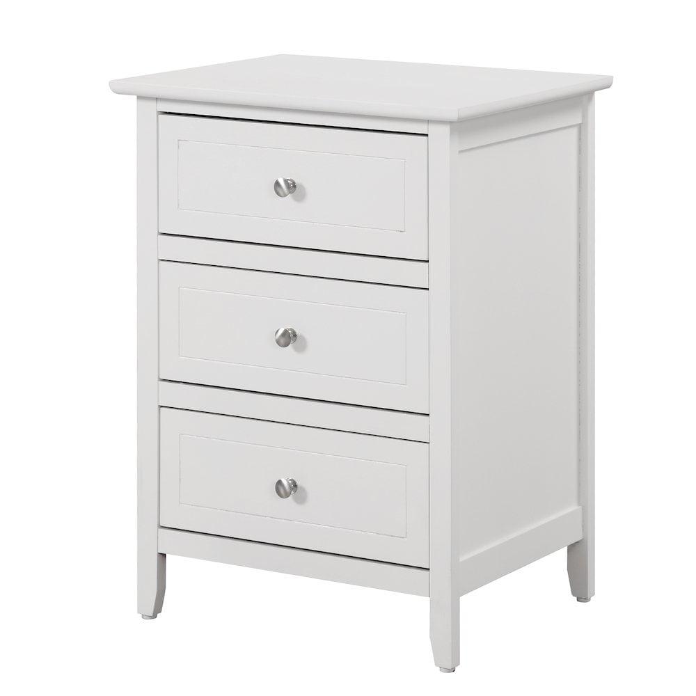 White Wood 3-Drawer Nightstand with Nickel Hardware