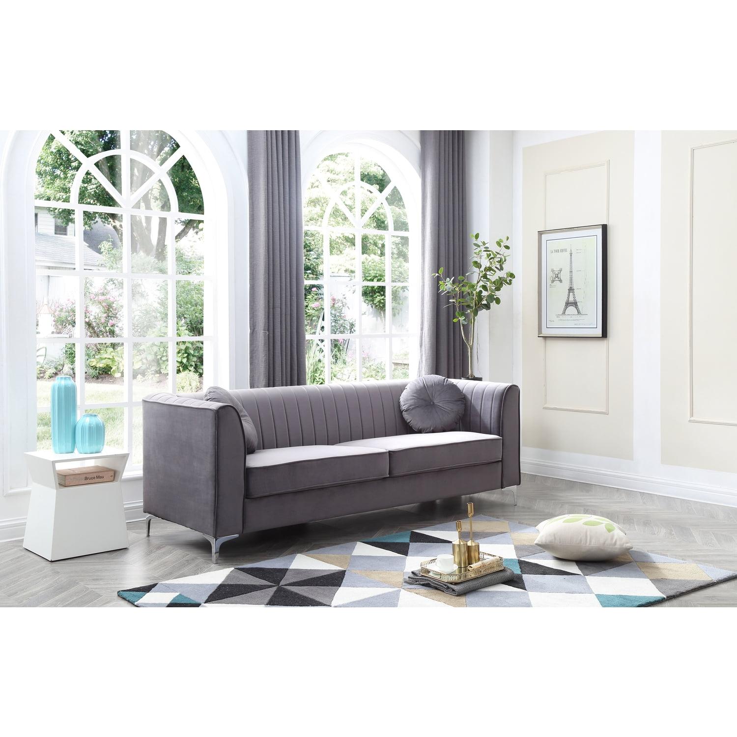 Contemporary Gray Velvet Tuxedo Arm Sofa with Silver Accents
