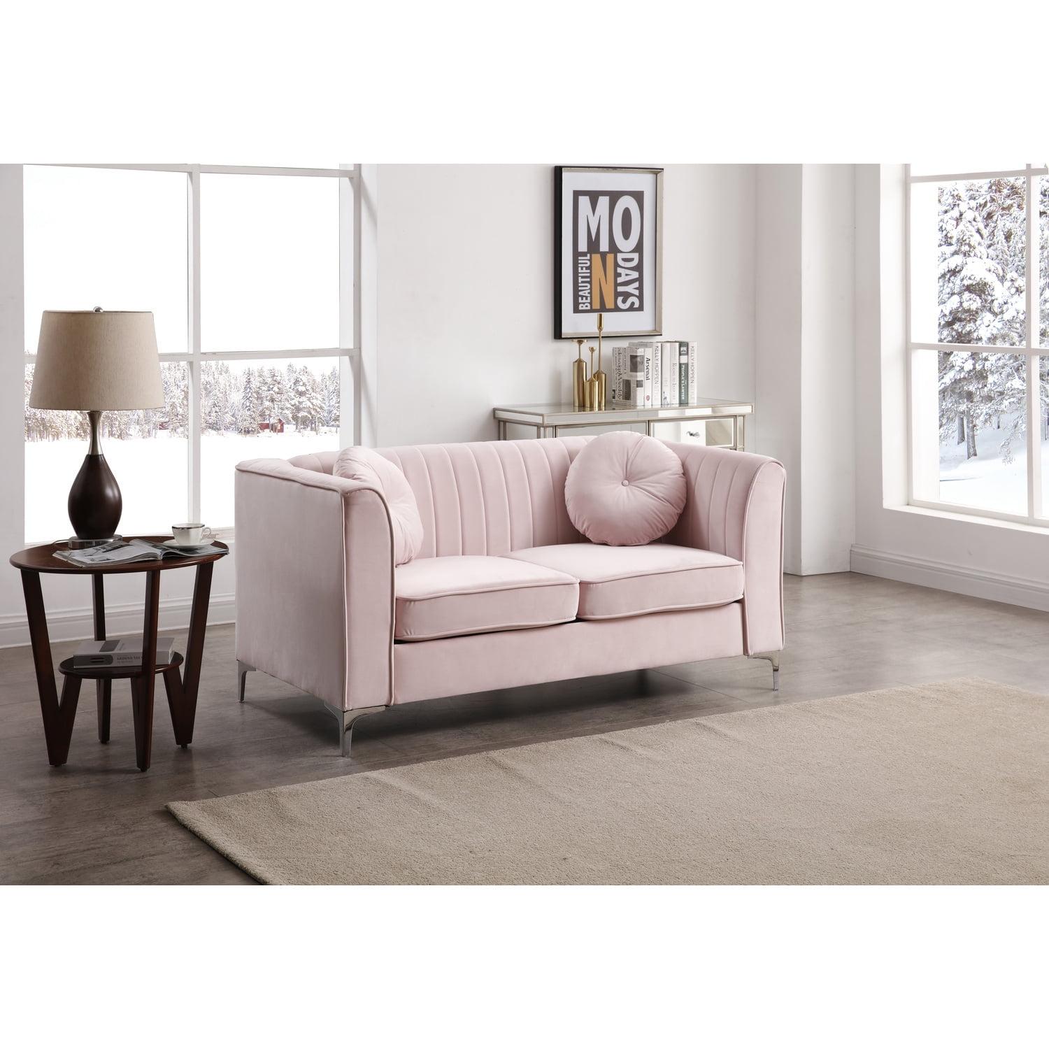 Pink Velvet Tufted Loveseat with Nailhead Trim