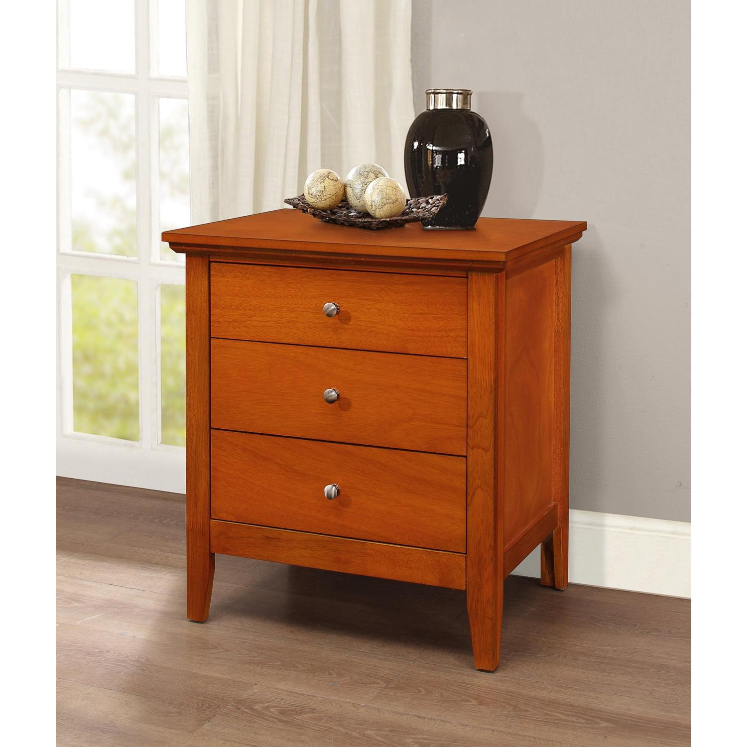 Oak Veneer 3-Drawer Rectangular Nightstand with Nickel Handles