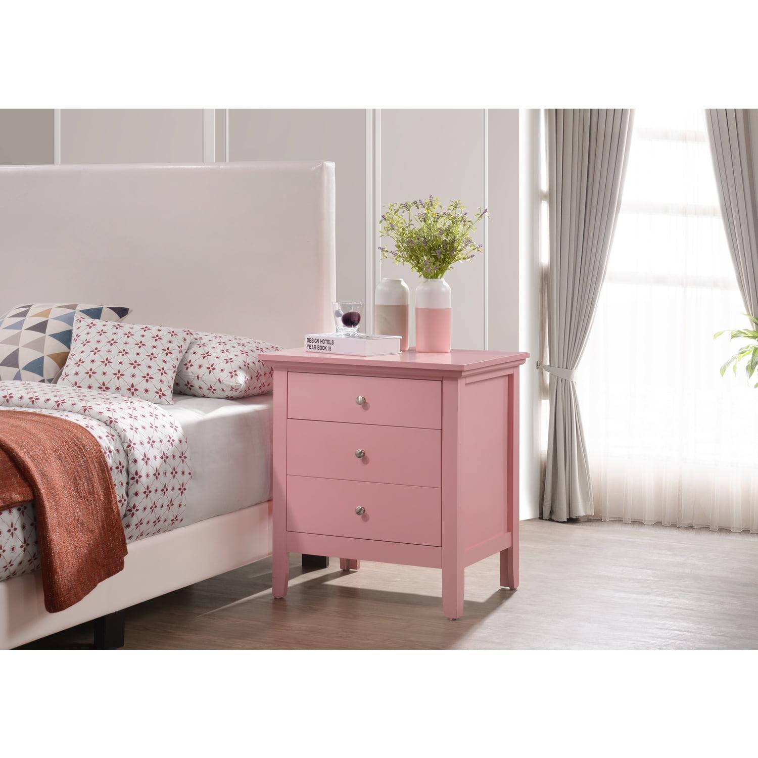 Transitional Pink 3-Drawer Nightstand with Nickel Accents