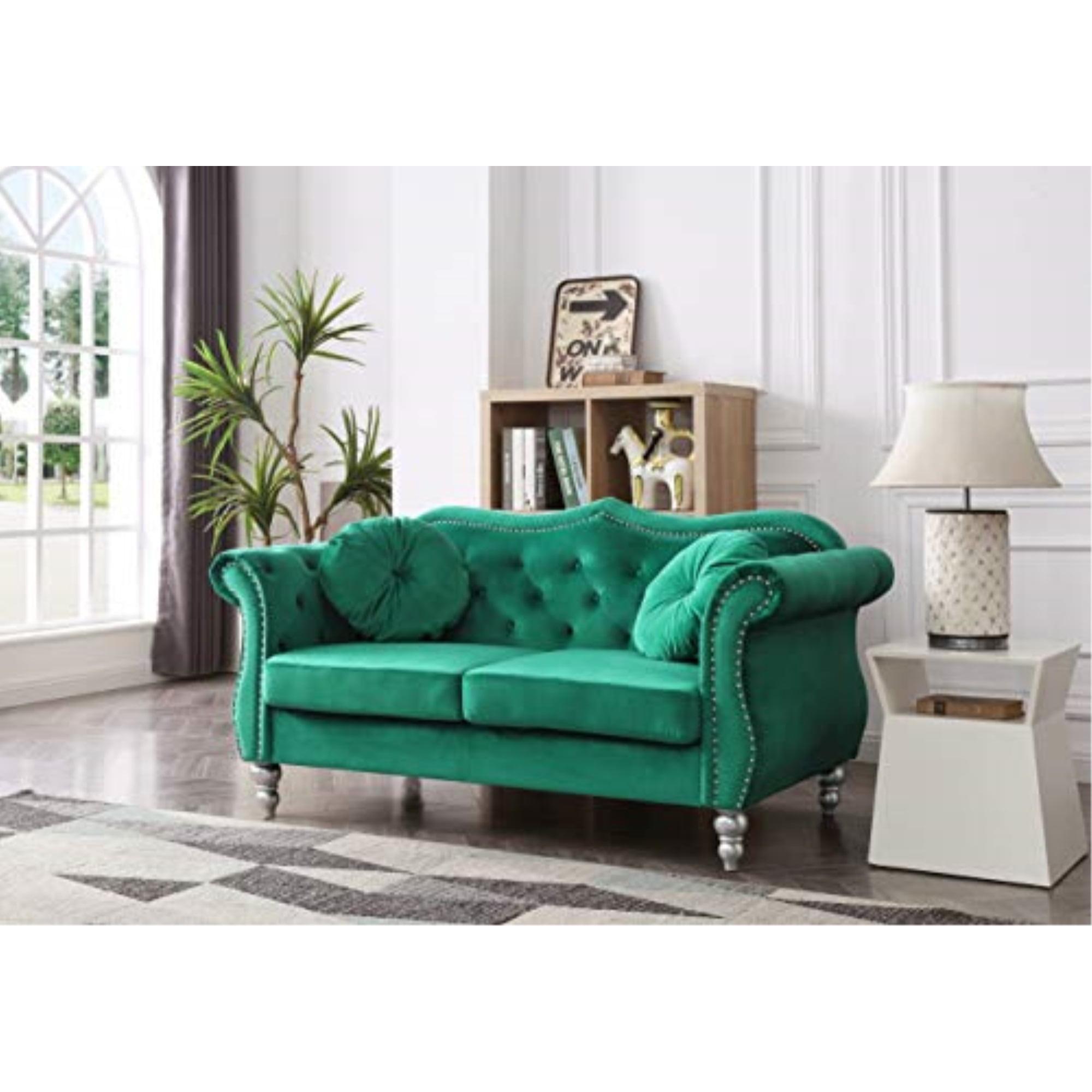 Hollywood Green Velvet Tufted Loveseat with Nailhead Trim