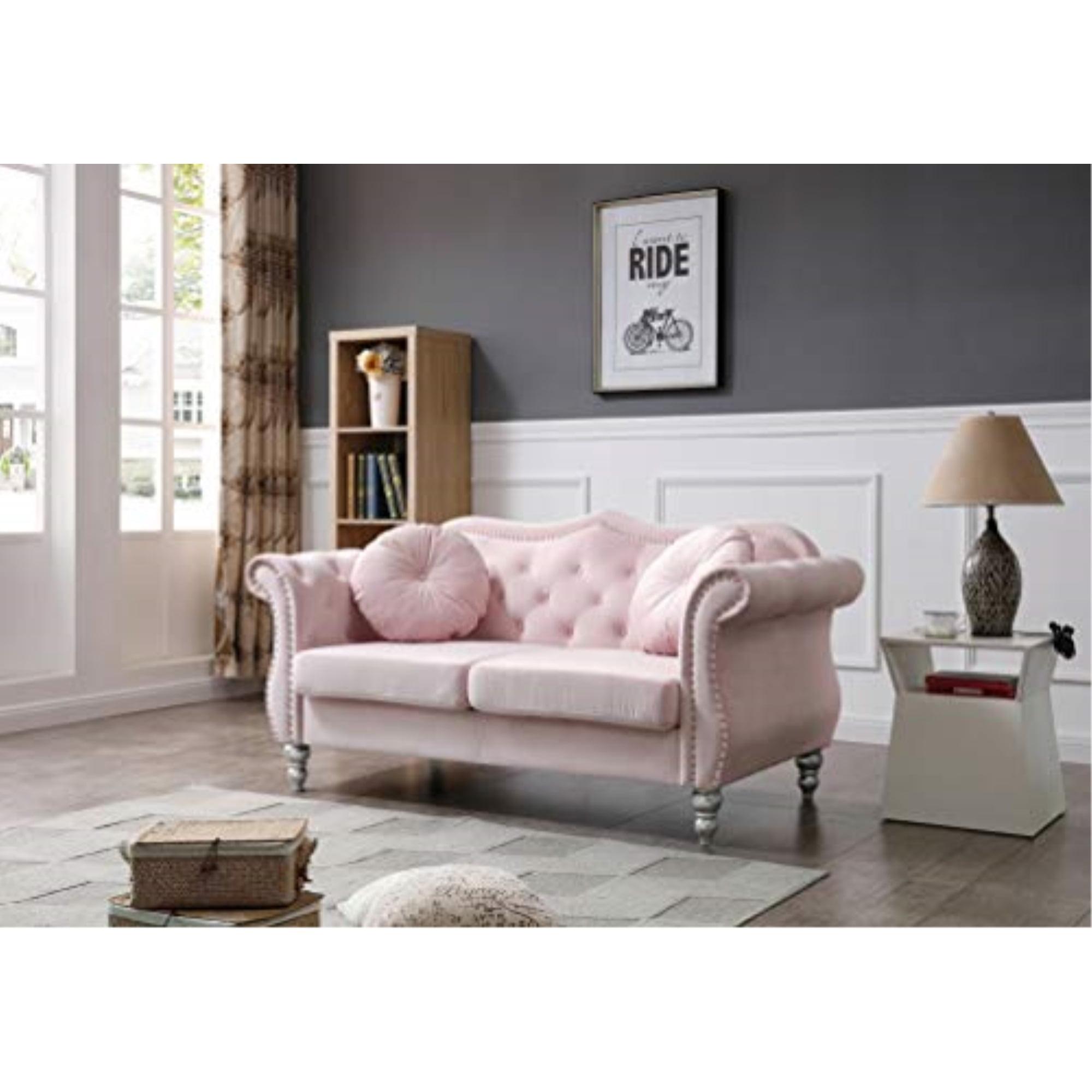 Hollywood Pink Velvet Tufted Loveseat with Nailhead Trim