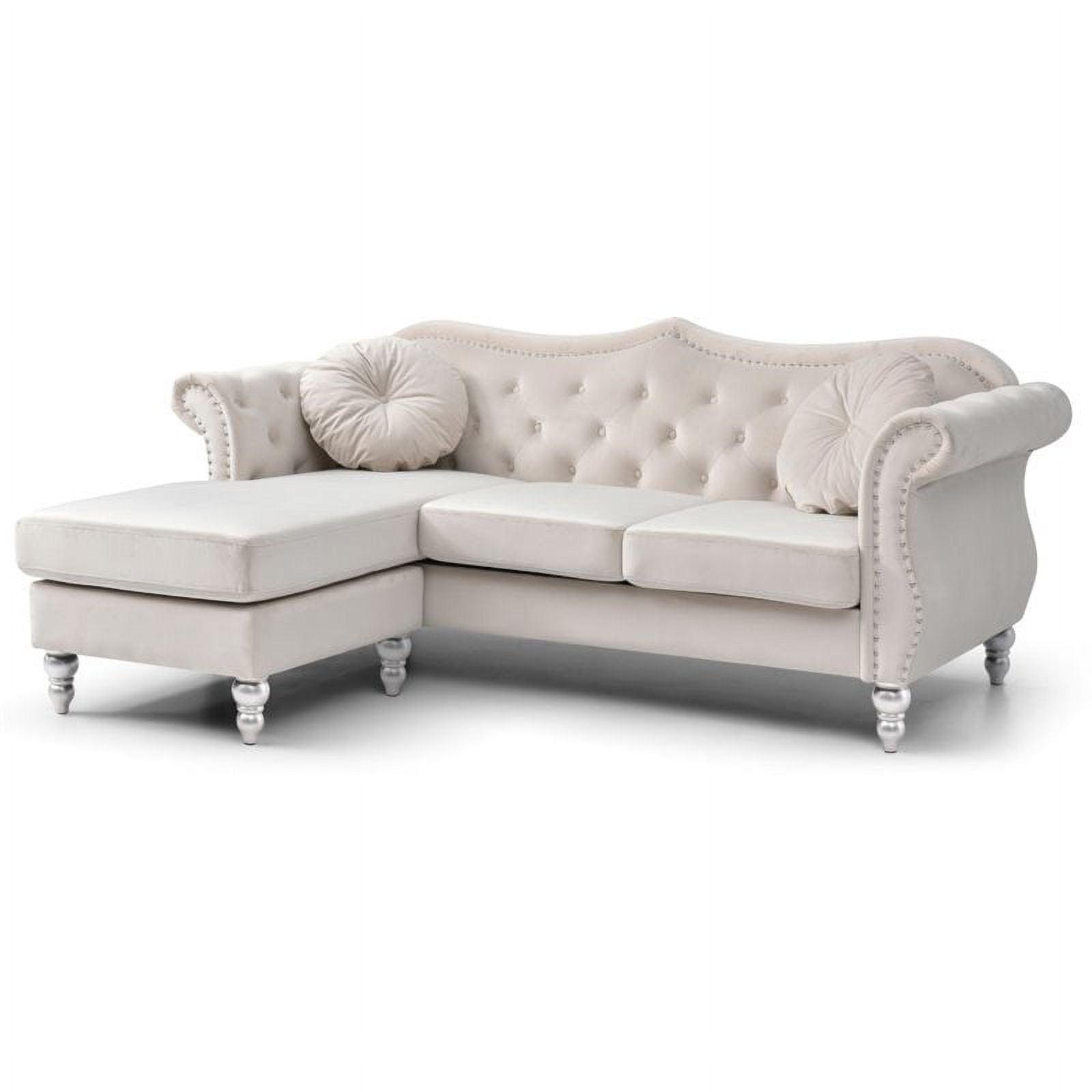 Ivory Velvet Tufted 4-Seater Sectional with Nailhead Accents