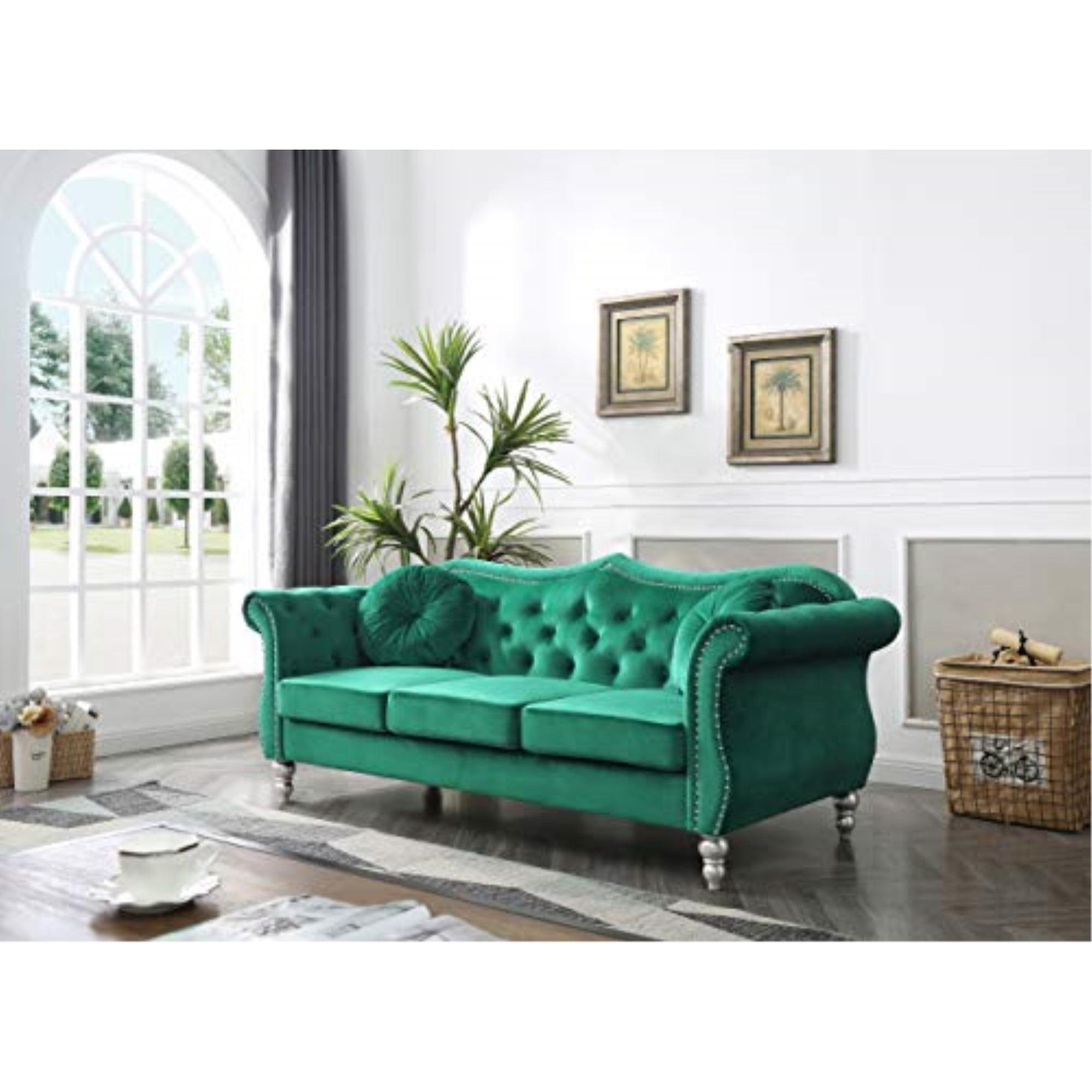 Hollywood 82'' Green Velvet Tufted Sofa with Nailhead Trim