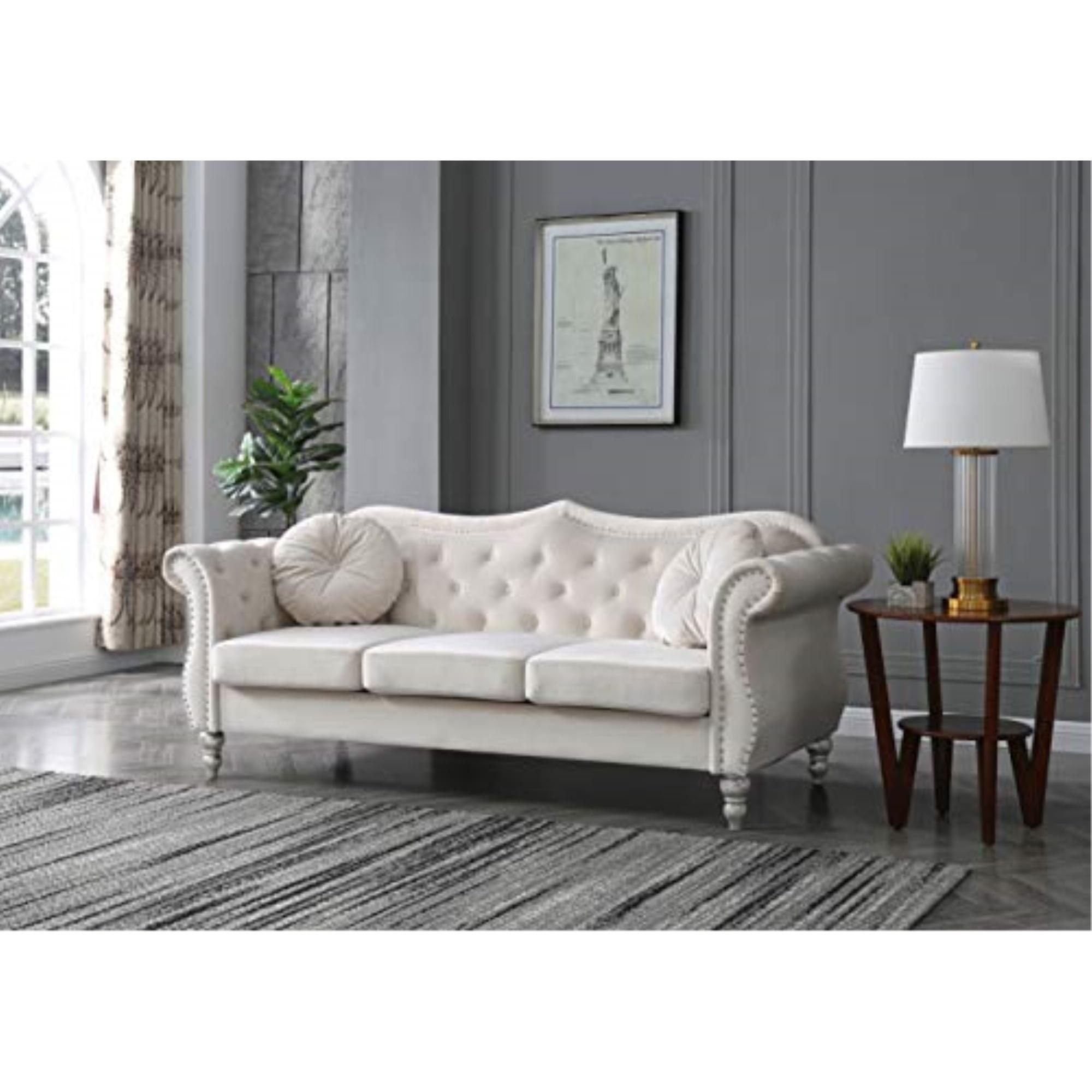 Ivory Tufted Velvet Sofa with Nailhead Trim and Wood Legs