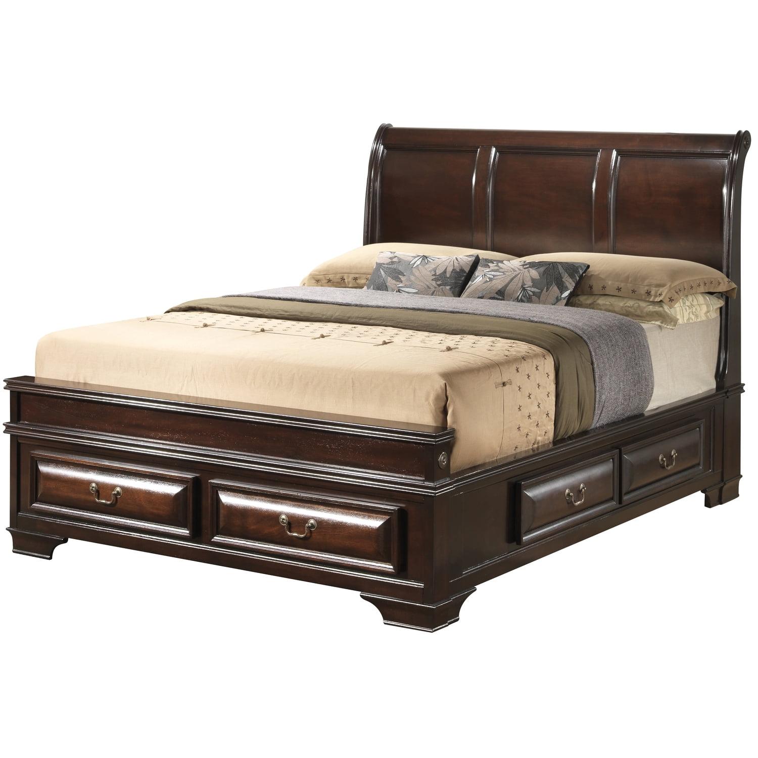 Queen Oak Platform Storage Bed with Tufted Upholstered Headboard