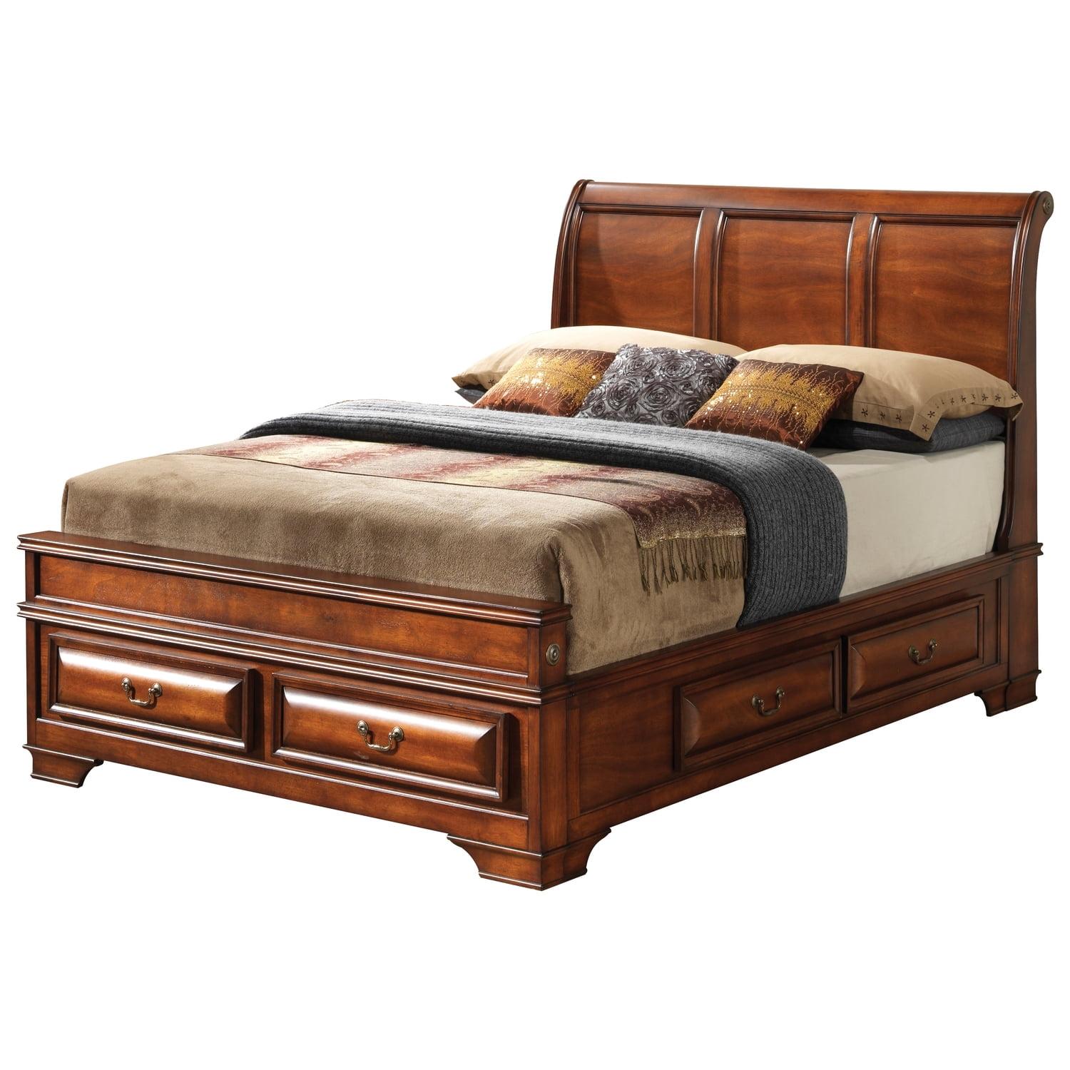 Oak Queen Storage Bed with Sleigh Headboard and Drawers