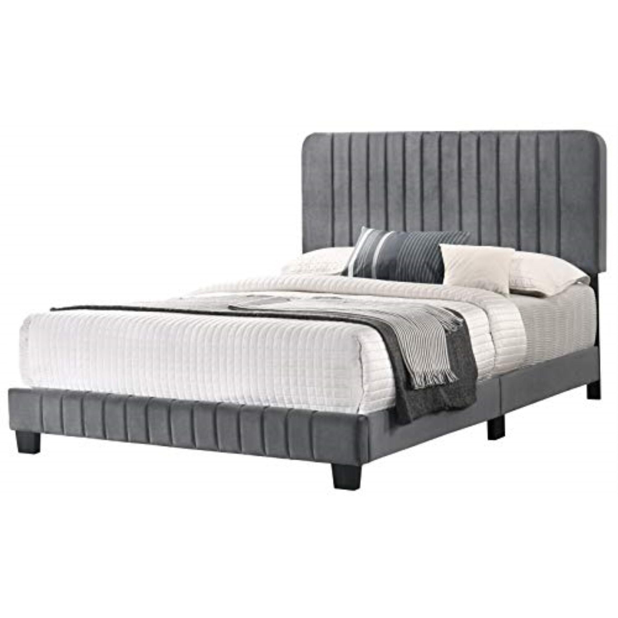 Elegant Gray Velvet Tufted King Bed with Upholstered Headboard