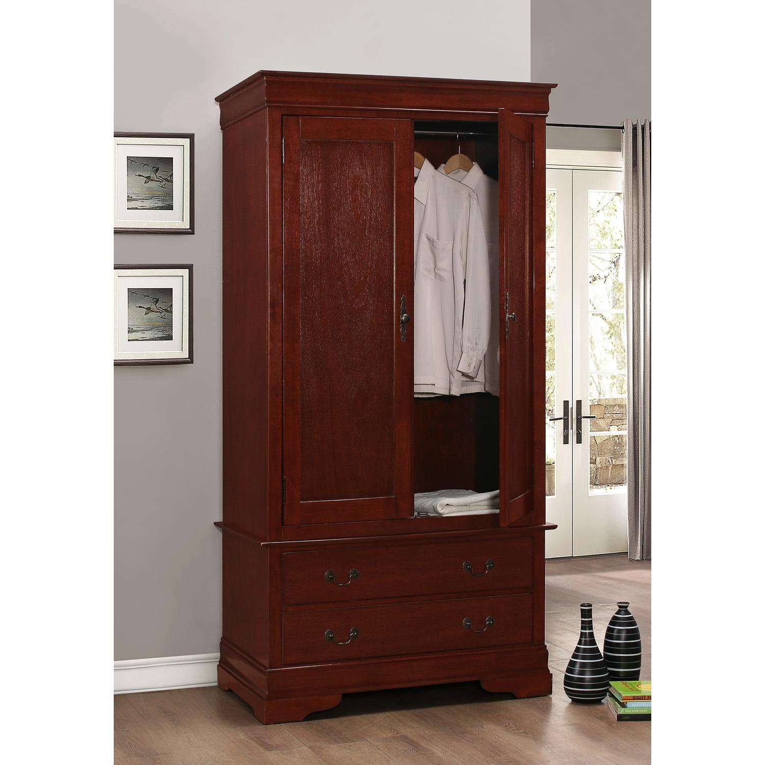 Cherry Wood Transitional Armoire with Hanging Rod and Drawers