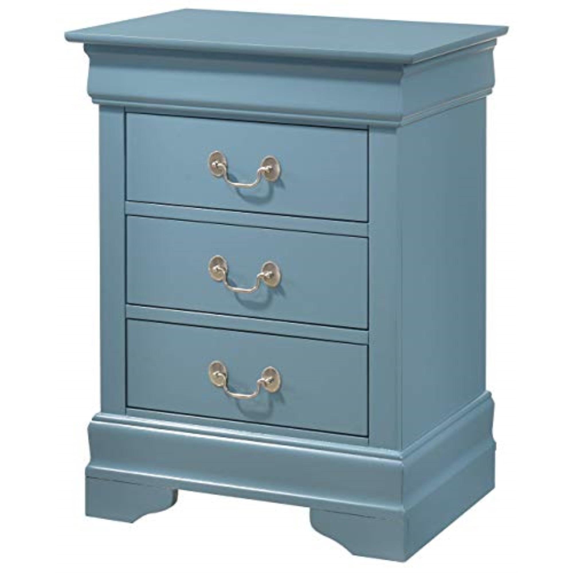 Transitional 3-Drawer Wood Nightstand with Metal Handles - Blue