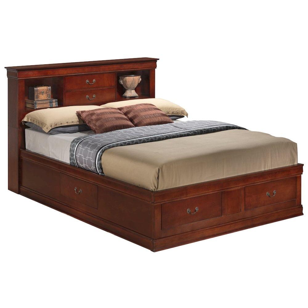 Cherry Queen Wood Frame Storage Bed with Bookcase Headboard