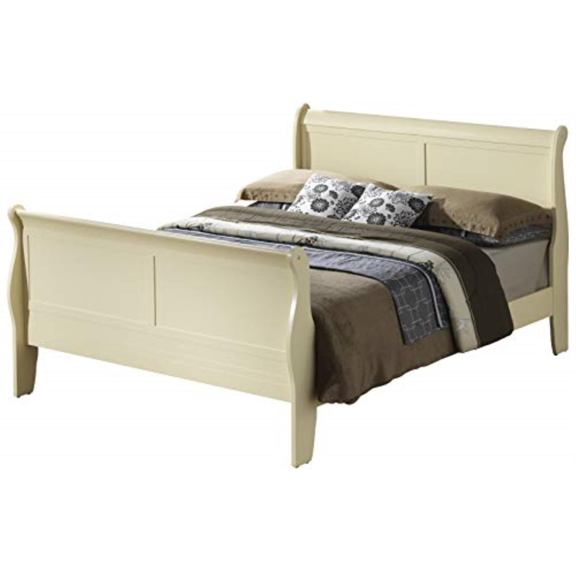 Beige Queen Wood Sleigh Bed with Headboard and Slats