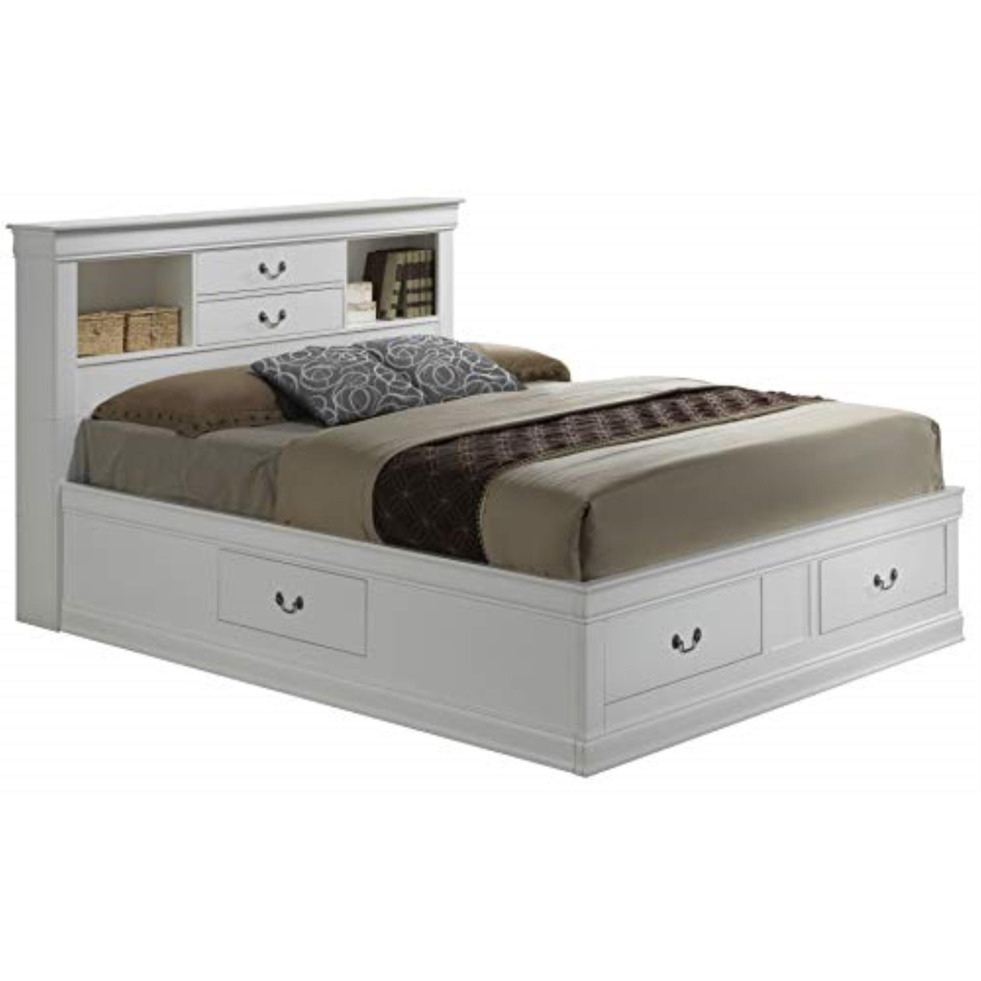 White Queen Wood Storage Bed with Bookcase Headboard and Drawers