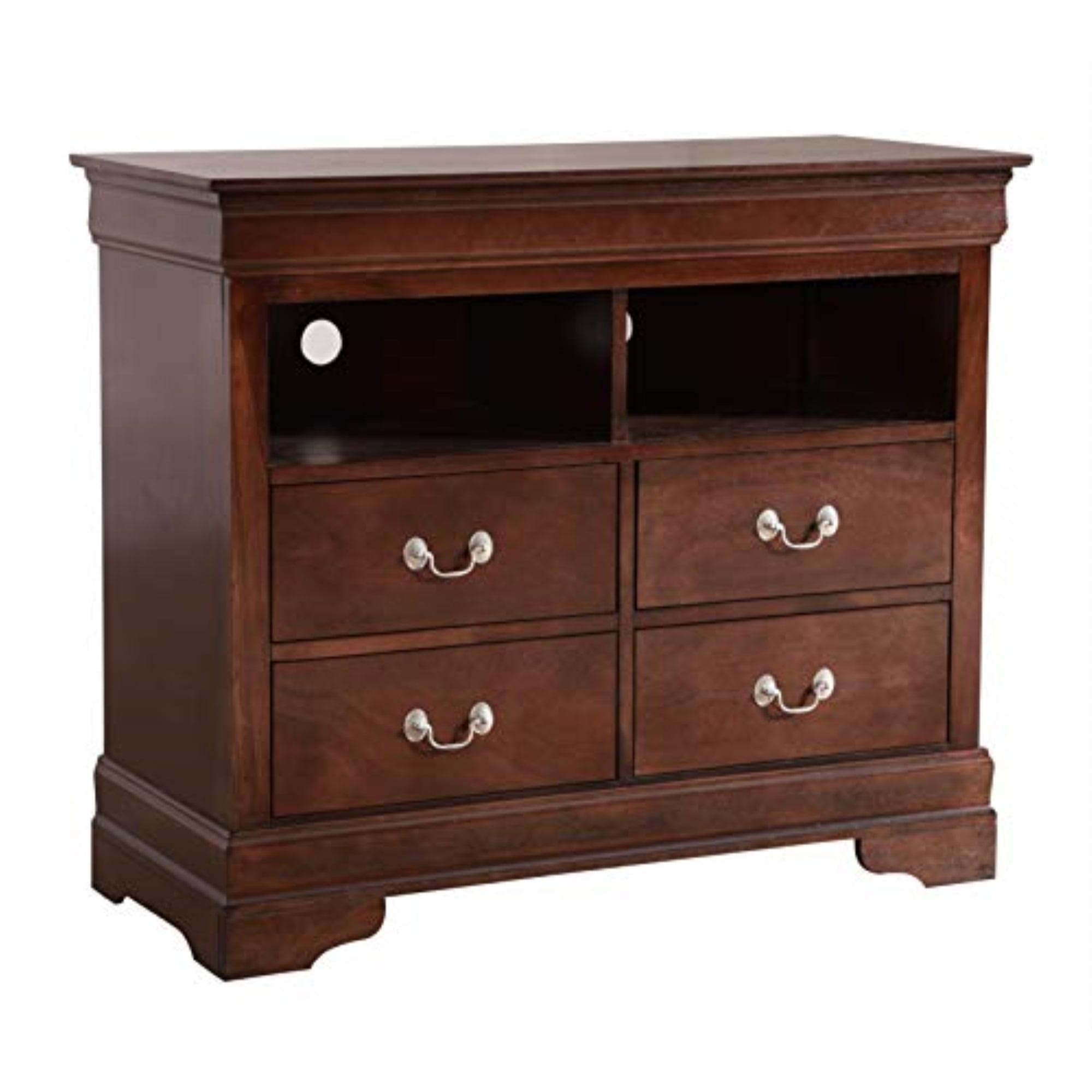 Transitional Cappuccino Veneer 4-Drawer Media Chest with Metal Handles