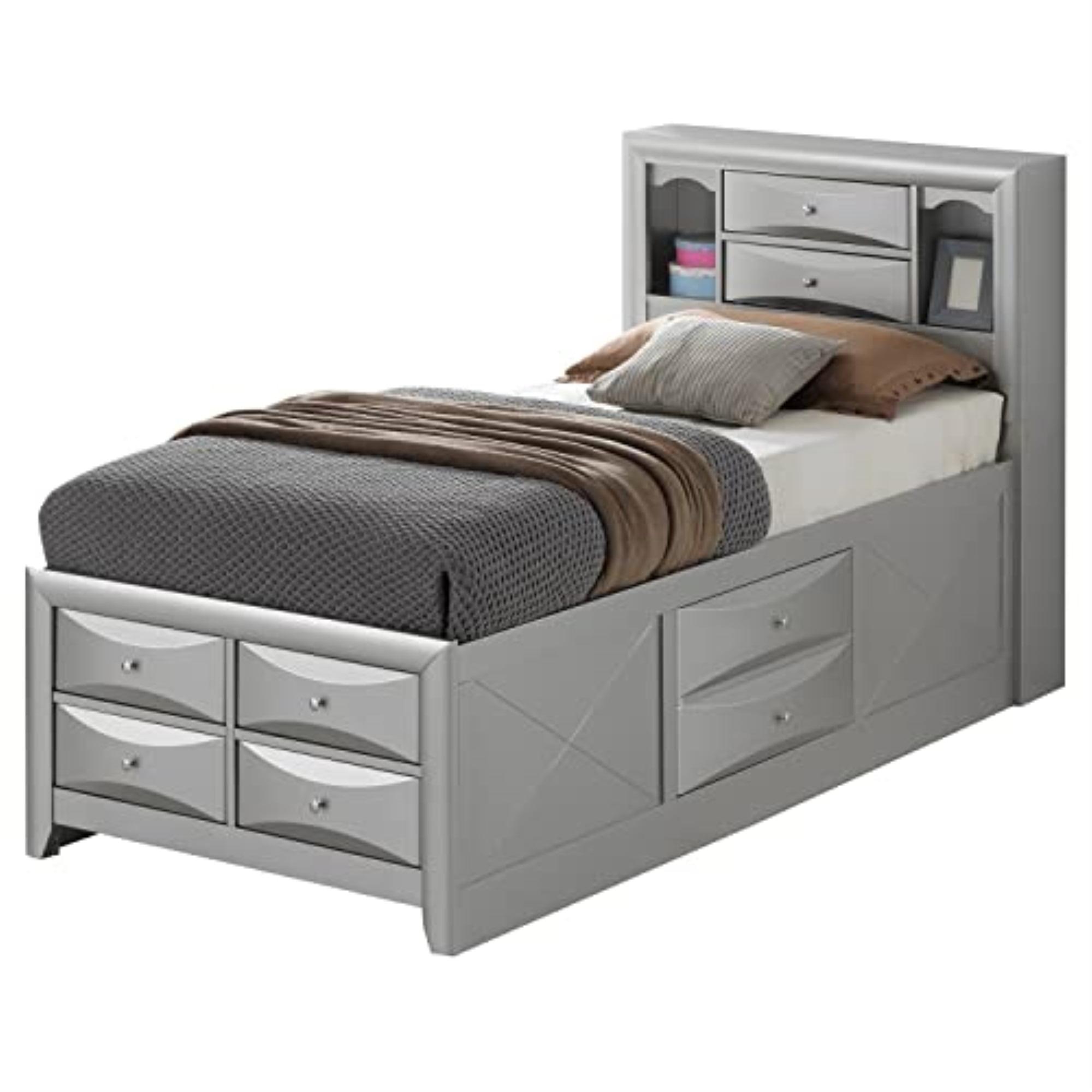 Silver Twin Wood Captain's Bed with Bookcase and Storage Drawers