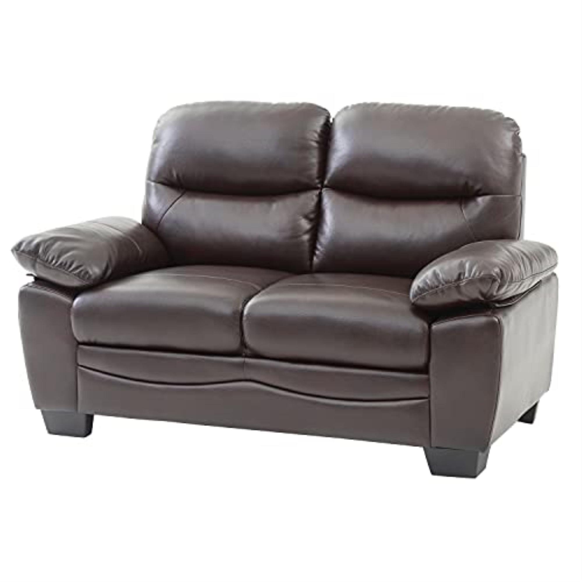 Marta Dark Brown Faux Leather Tufted Loveseat with Wood Accents