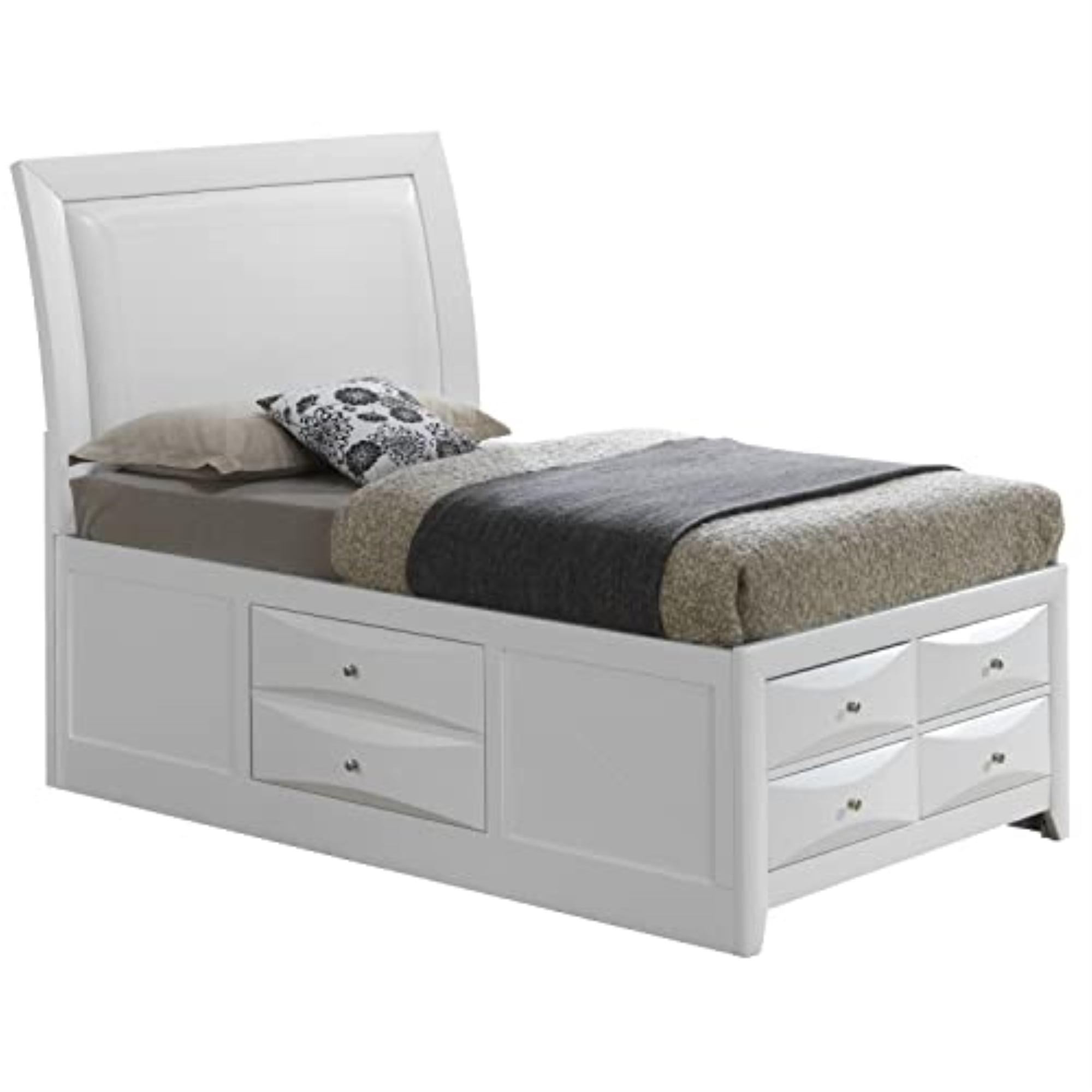 White Twin Wood Frame Storage Bed with Faux Leather Headboard