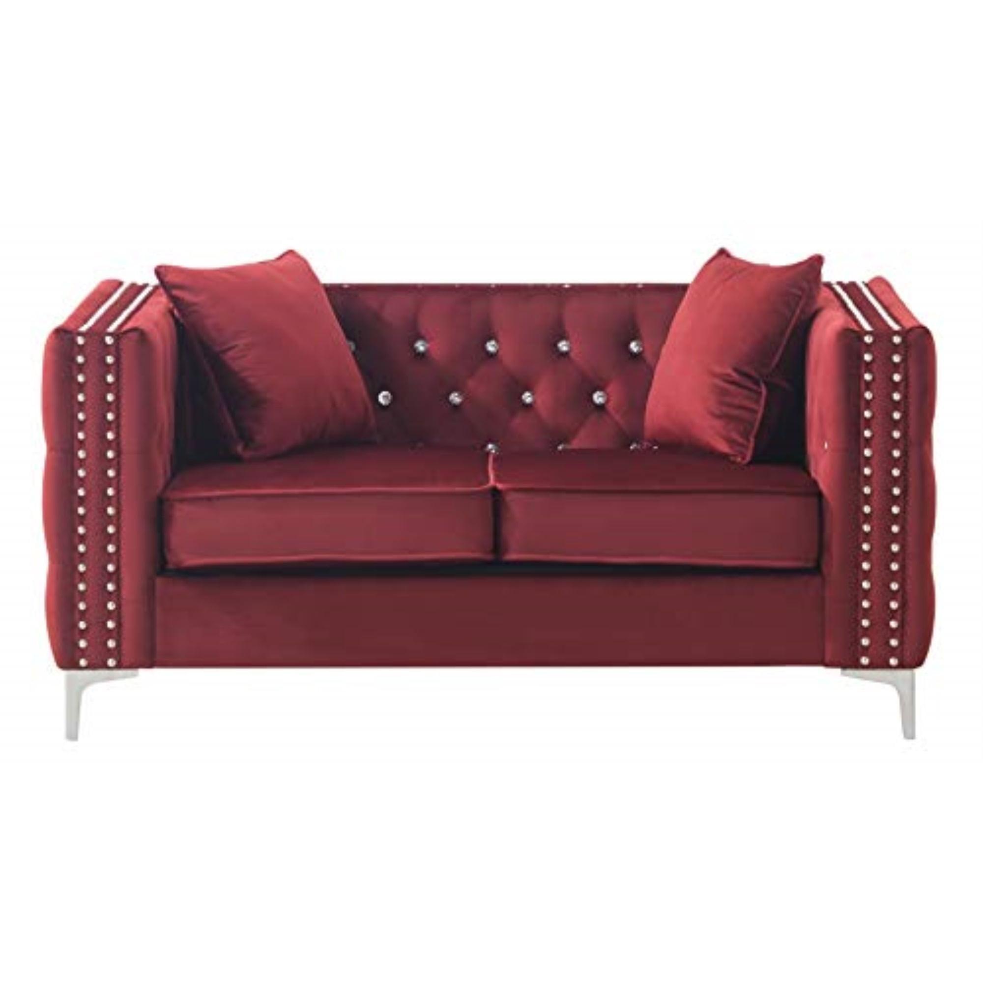 Burgundy Velvet Tufted Track Arm Loveseat with Nailhead Trim