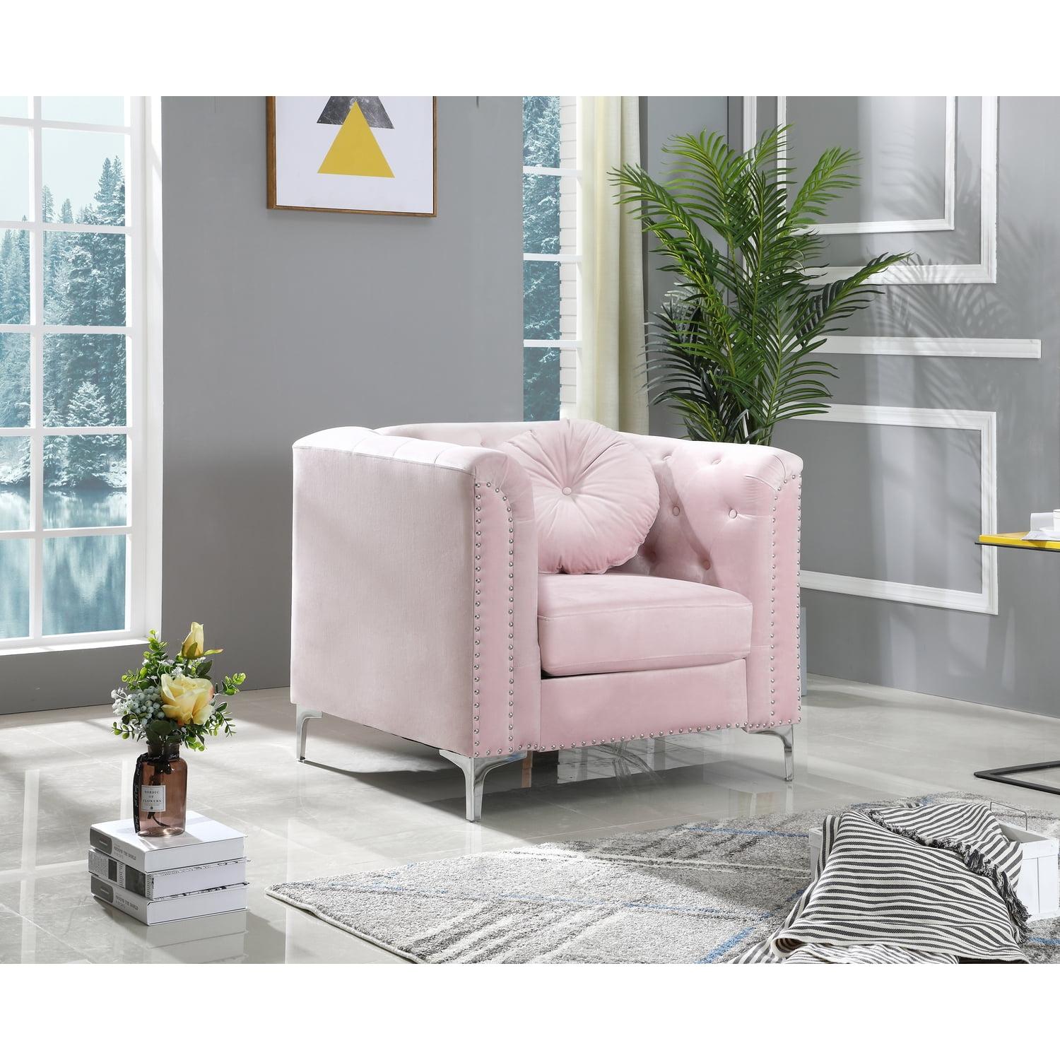 Pompano Plush Pink Velvet Armchair with Chrome Accents