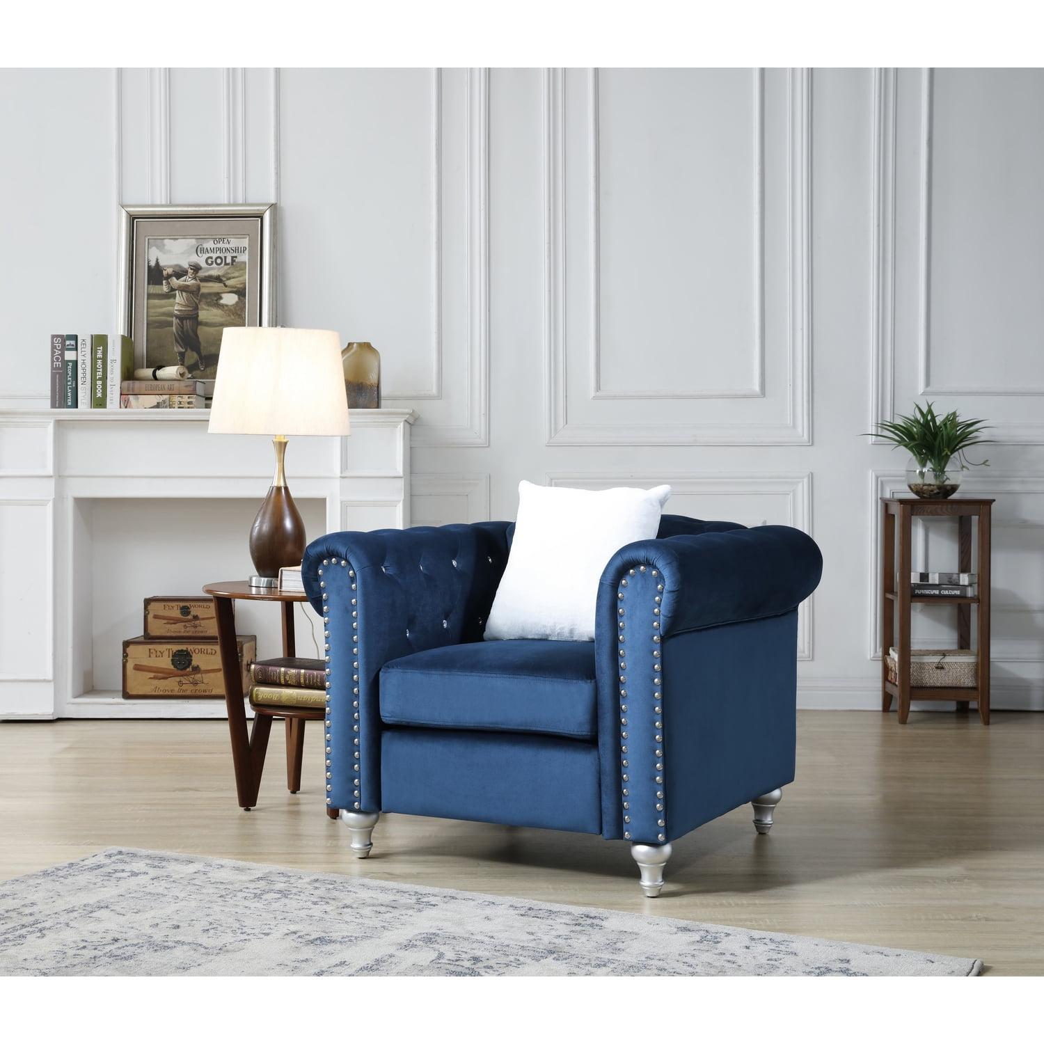 Navy Blue Velvet Tufted Chesterfield Chair with Chrome Nailheads