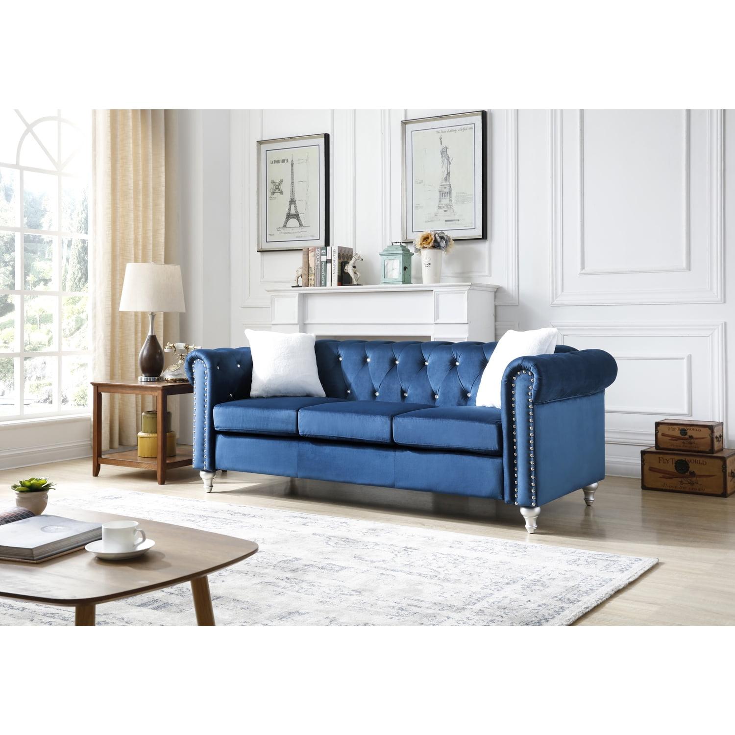 Navy Blue Tufted Velvet Chesterfield Sofa with Nailhead Trim