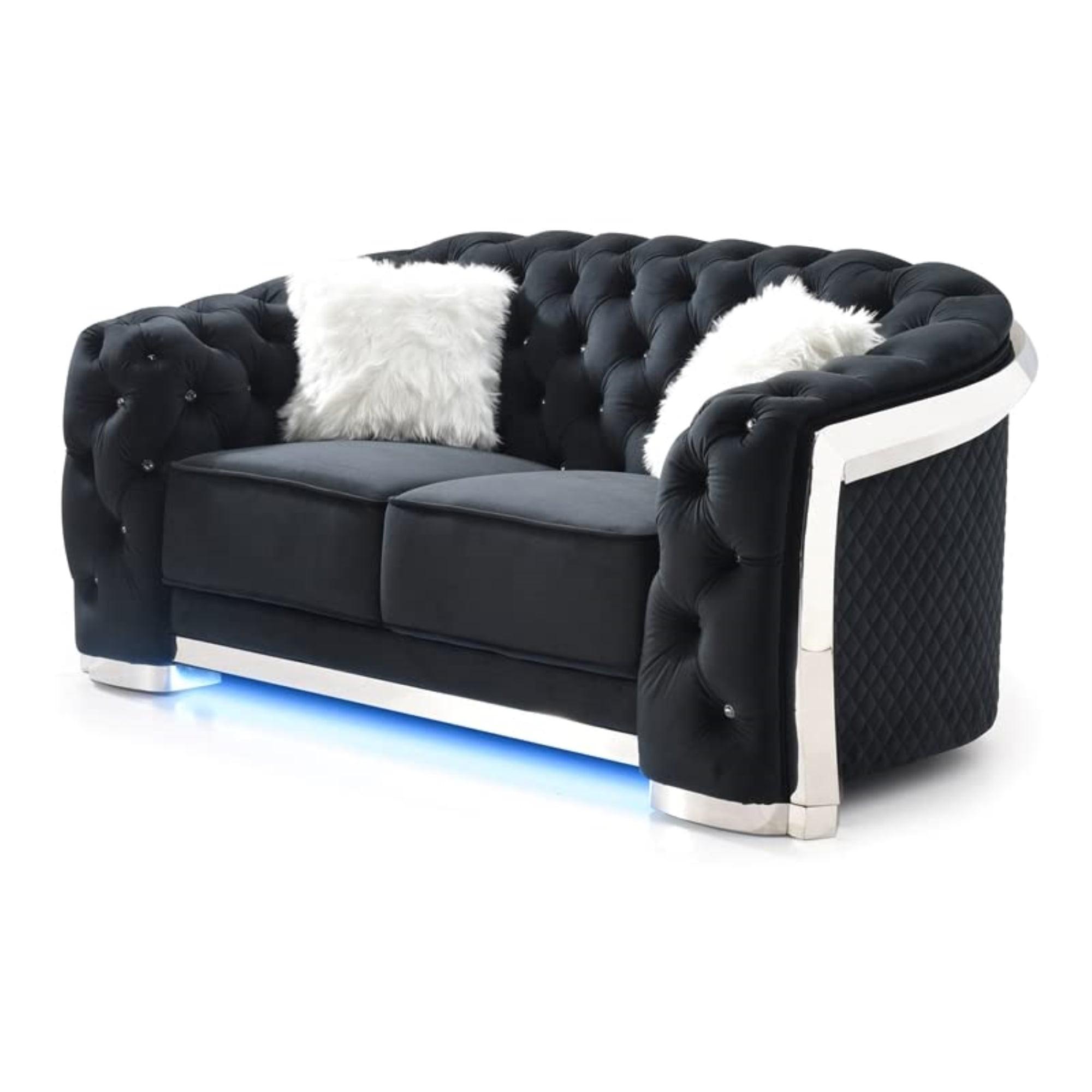 Lexi Chrome-Legged Black Velvet Tufted Loveseat with Faux Fur Pillows