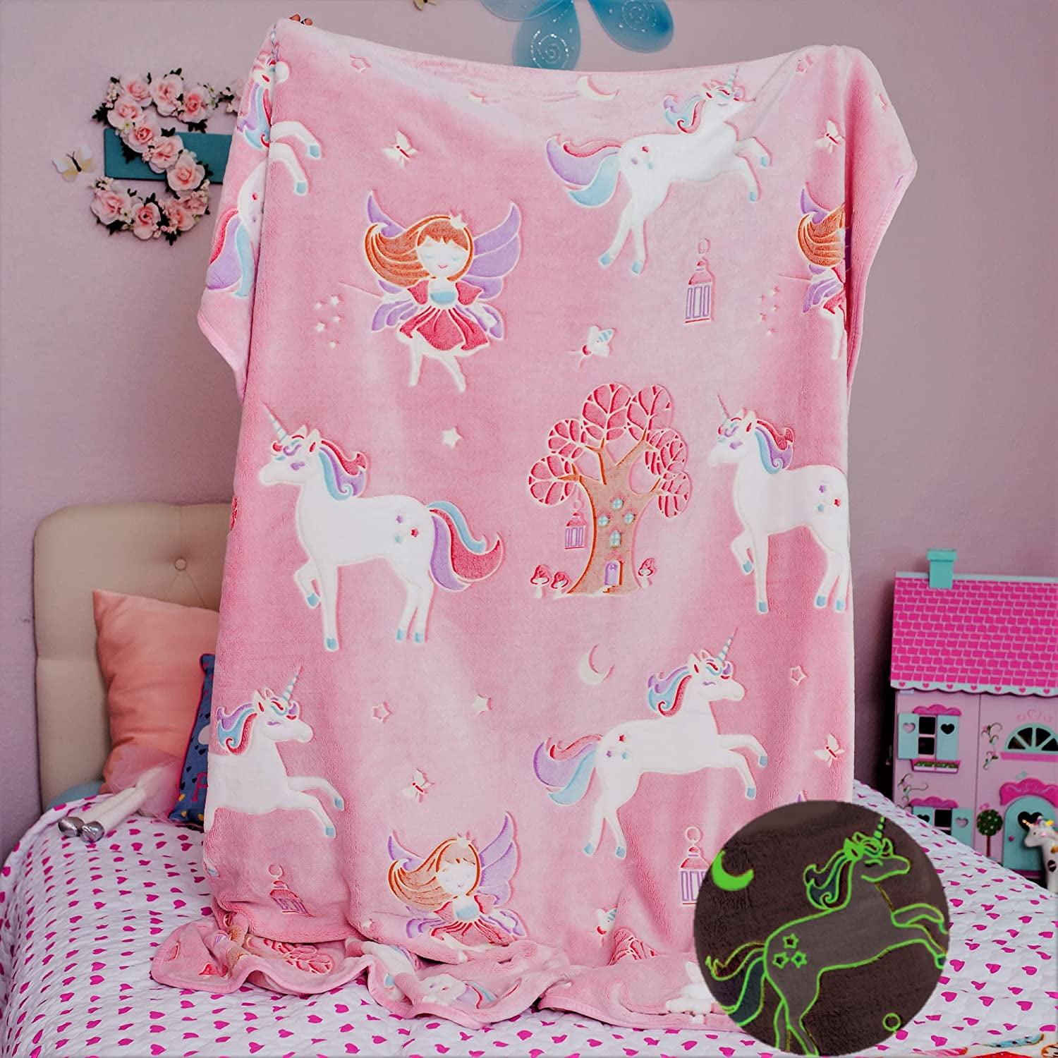 Pink Fleece Glow in the Dark Unicorn Throw Blanket