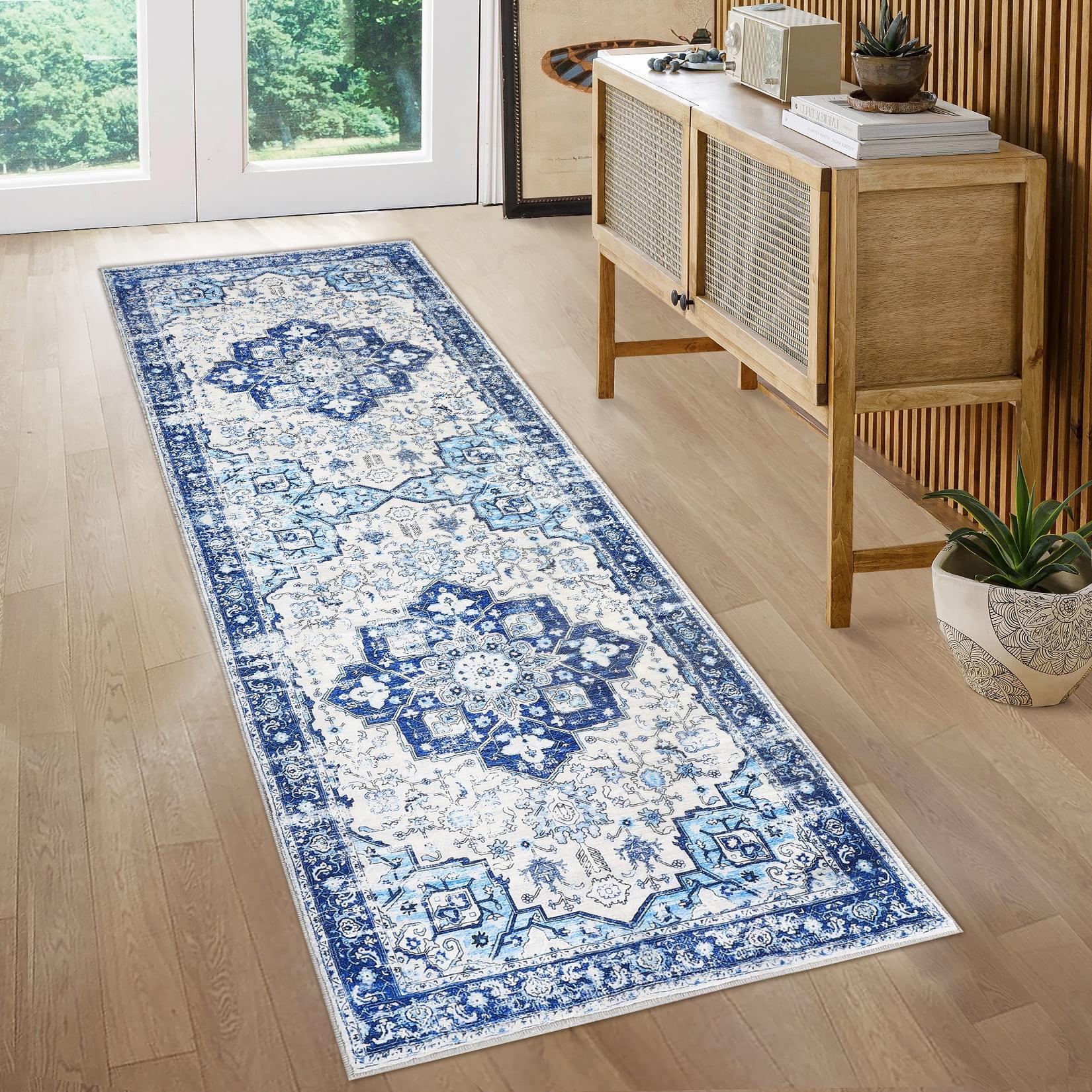 Hasoo 2' x 8' Kitchen Runner Rug Traditional Oriental Floral Print Rug Bedroom Kitchen Bathroom Laundry Rug, Blue