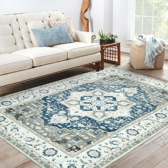 GlowSol 8x10 Floral Area Rug for Living Room Bedroom Retro Distressed Area Rug Traditional Medallion Non-Slip Low Pile Carpet Floor Decoration, Blue