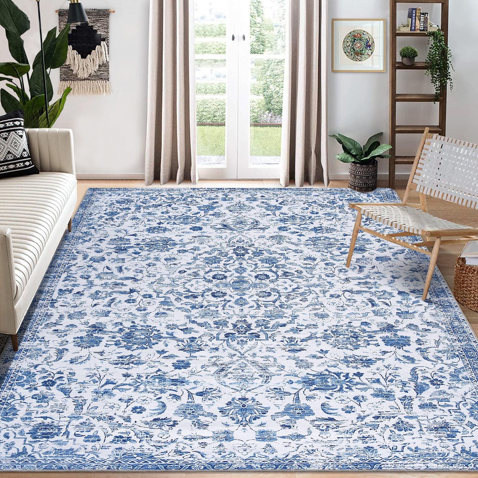 GlowSol 8x10 Floral Area Rug for Living Room Bedroom Retro Distressed Area Rug Traditional Medallion Non-Slip Low Pile Carpet Floor Decoration, Blue