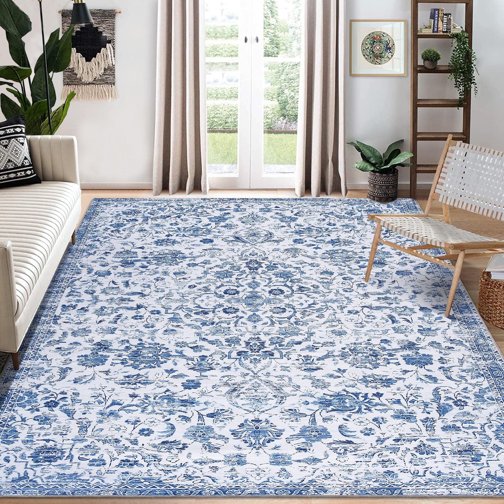 GlowSol 8x10 Floral Area Rug for Living Room Bedroom Retro Distressed Area Rug Traditional Medallion Non-Slip Low Pile Carpet Floor Decoration, Blue