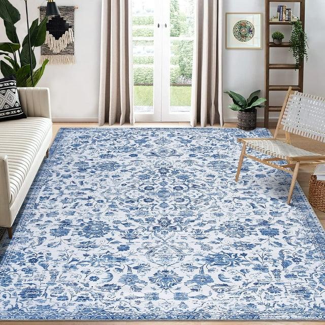 GlowSol 8x10 Floral Area Rug for Living Room Bedroom Retro Distressed Area Rug Traditional Medallion Non-Slip Low Pile Carpet Floor Decoration, Blue