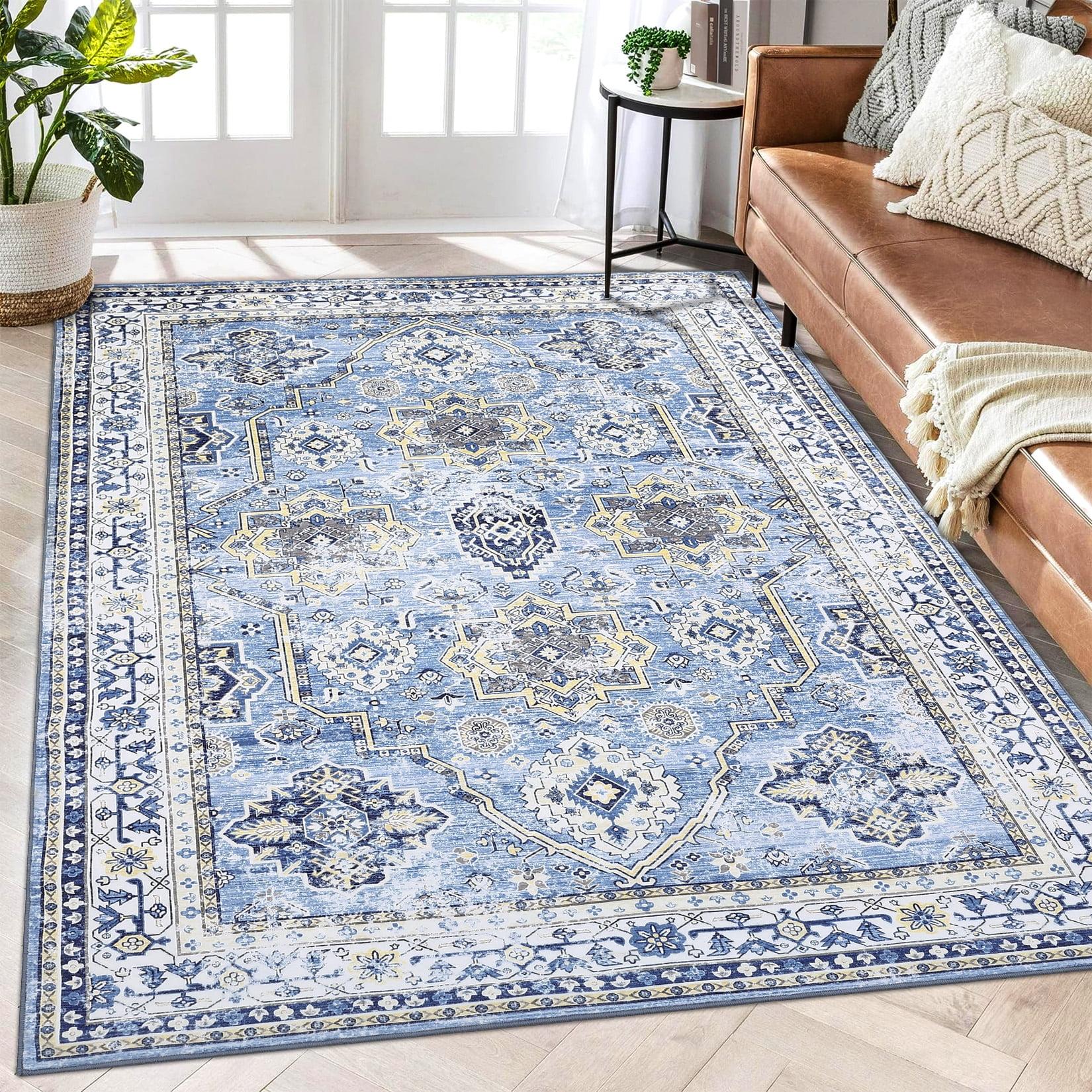 GlowSol 8x10 Floral Area Rug for Living Room Bedroom Retro Distressed Area Rug Traditional Medallion Non-Slip Low Pile Carpet Floor Decoration, Blue