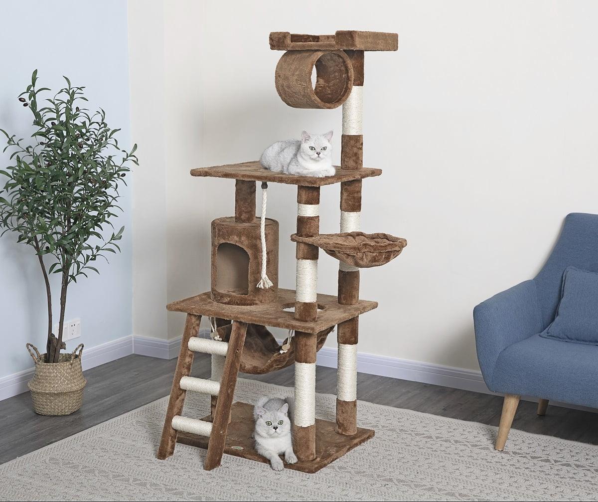 Beige 62-Inch Faux Fur Cat Tree with Sisal Posts