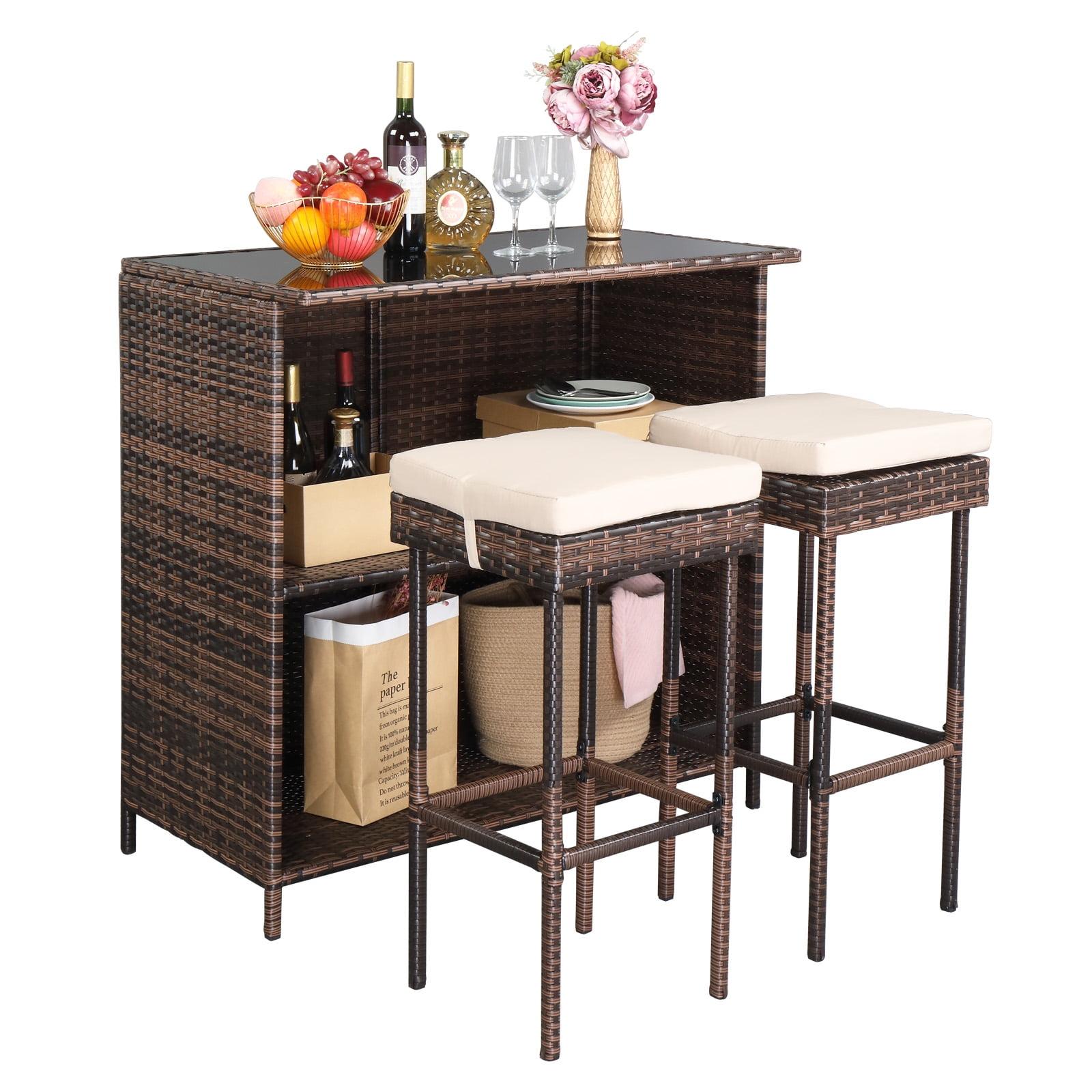 GoDecor 3 pcs Patio Outdoor Rattan Wicker Bar Set, Brown, Wicker Bistro Set with 2 Bar Stools and 1 Wicker Bar Table, Brown