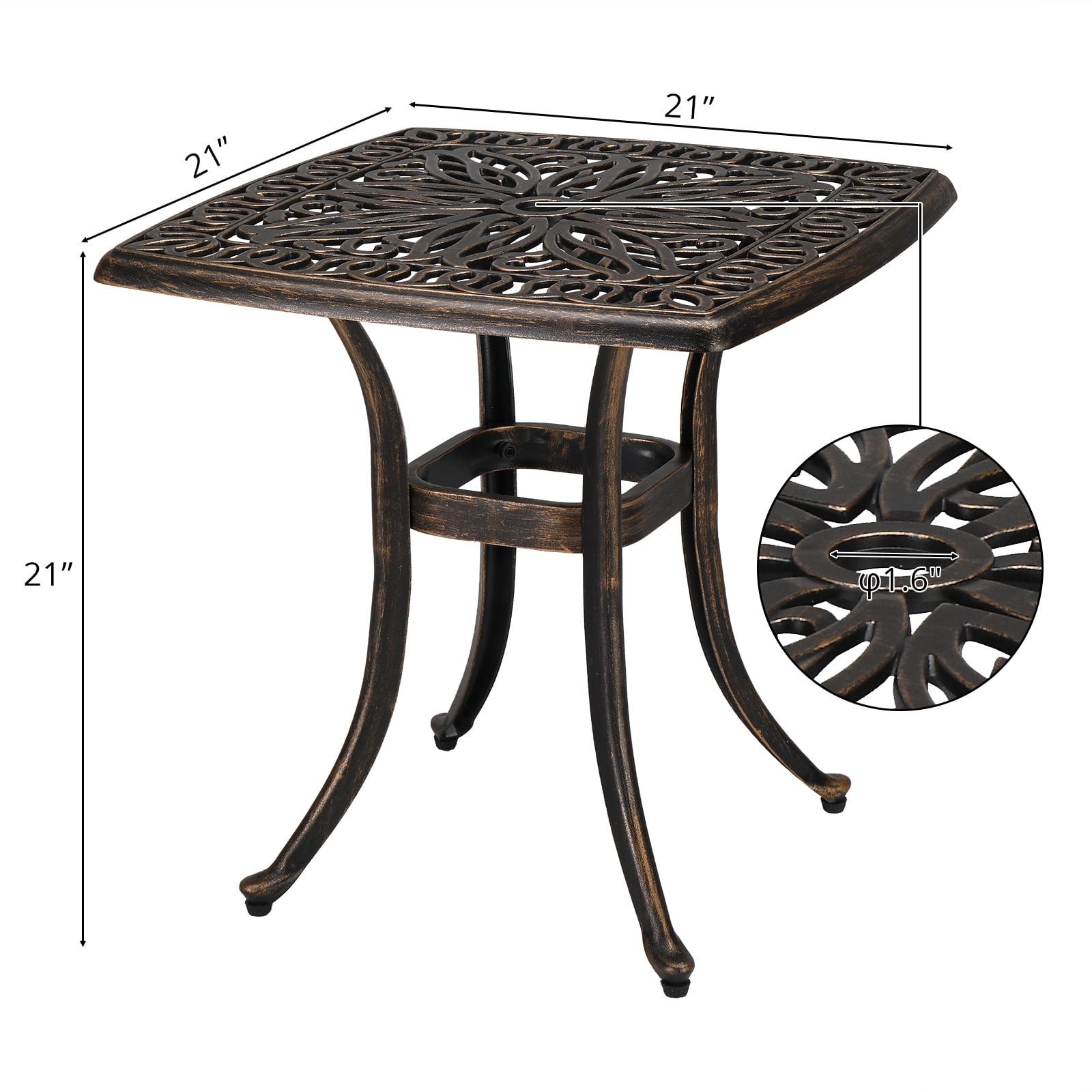NintyFive 21 Inch Cast Aluminum Outdoor Side Table with Umbrella Hole, Anti-Rust Coffee Bistro Table for Outdoor, Patio, Garden, Porch, Balcony End Table (Square, Bronze)