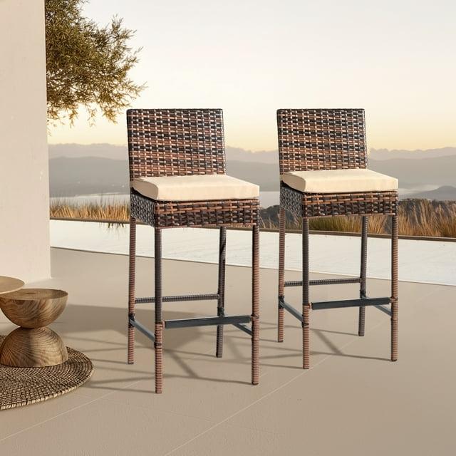 Kepooman Outdoor Bar Stool, 2 Pieces Patio Cushioned Wicker Barstools with Cozy Footrest-Set of 2